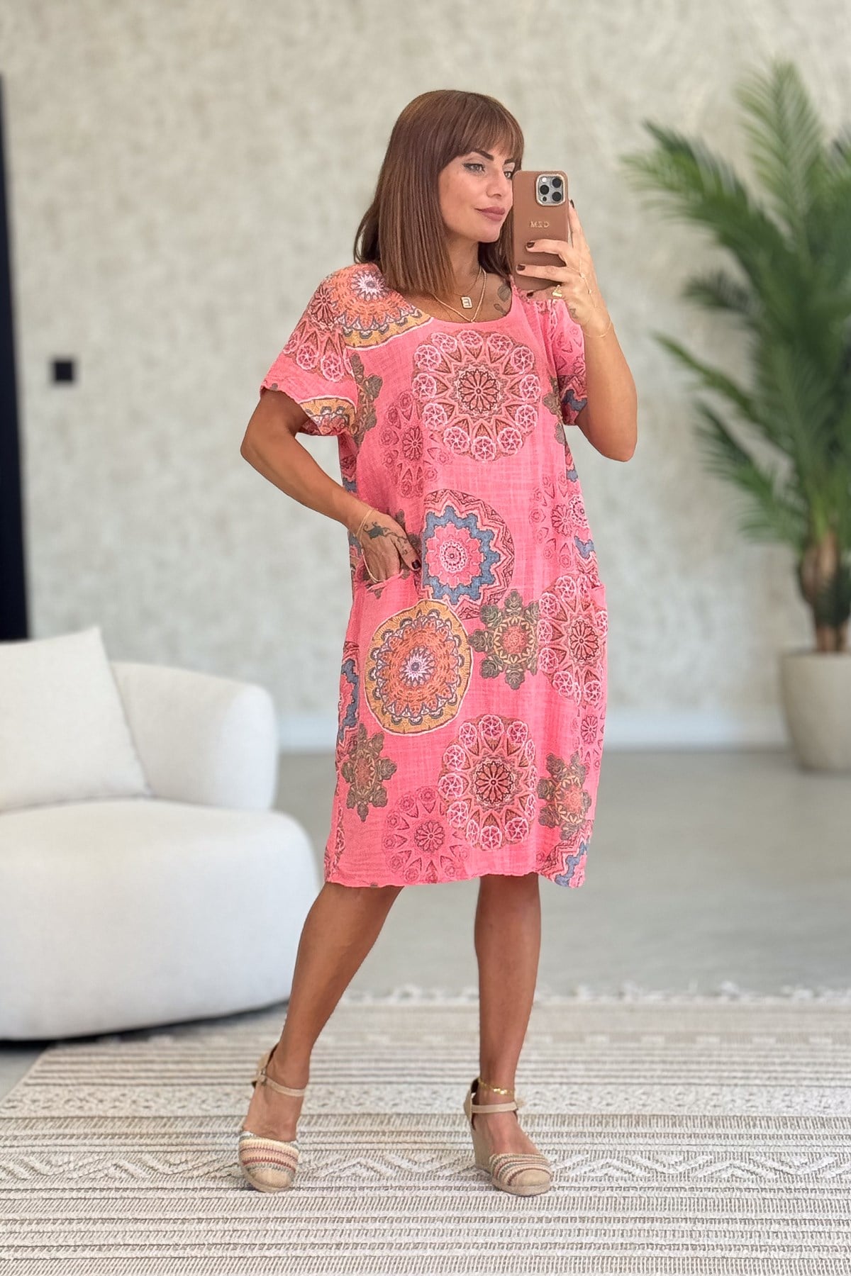 Mandala Desen Çift Cepli Pamuklu Elbise Mercan RenkELBİSE
