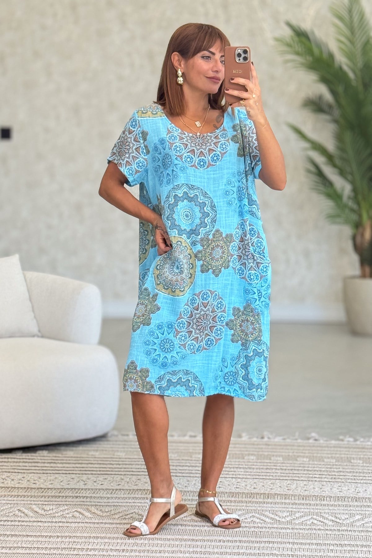 Mandala Desen Çift Cepli Pamuklu Elbise Turkuaz RenkELBİSE