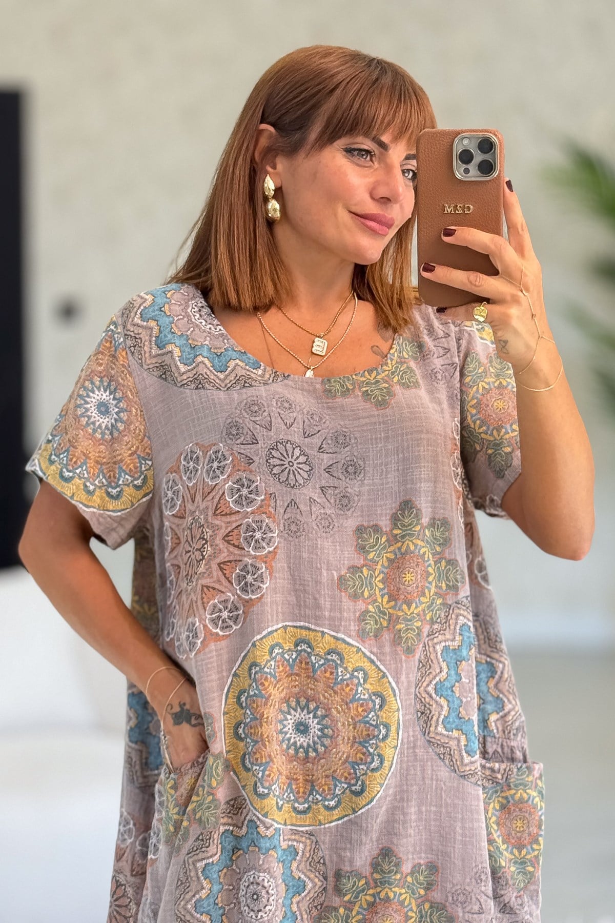 Mandala Desen Çift Cepli Pamuklu Elbise Vizon RenkELBİSE
