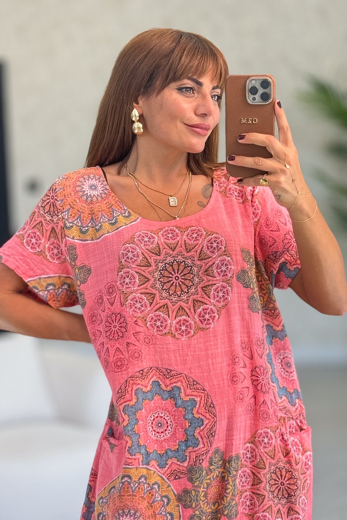 Mandala Desen Çift Cepli Pamuklu Elbise Mercan RenkELBİSE