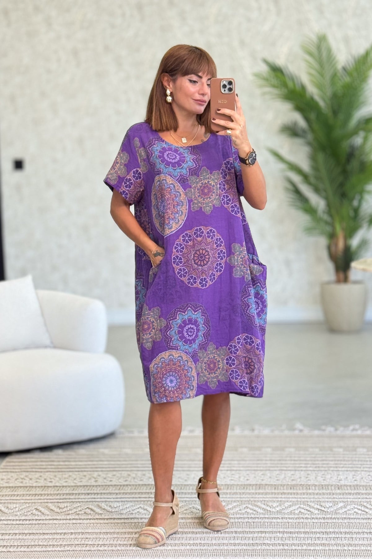 Mandala Desen Çift Cepli Pamuklu Elbise Mor RenkELBİSE