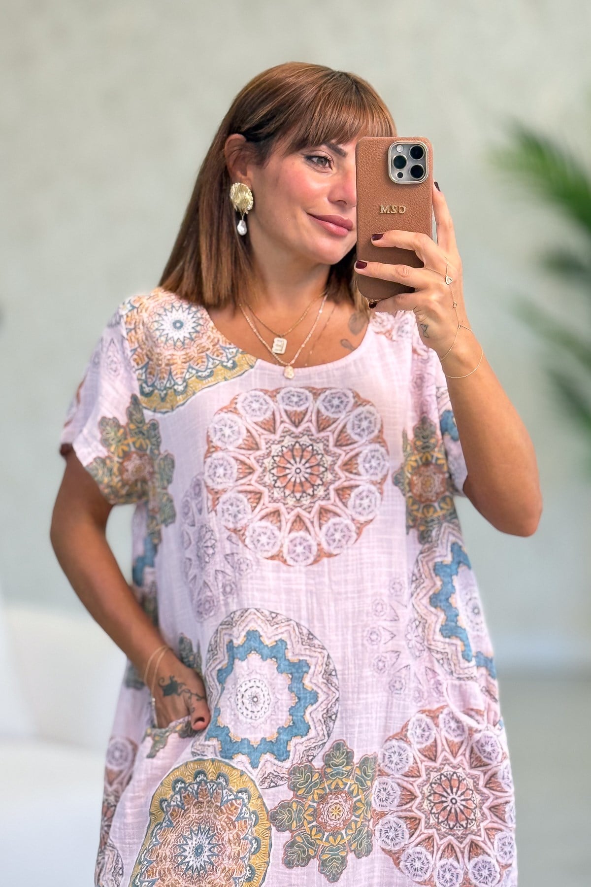 Mandala Desen Çift Cepli Pamuklu Elbise Pudra RenkELBİSE