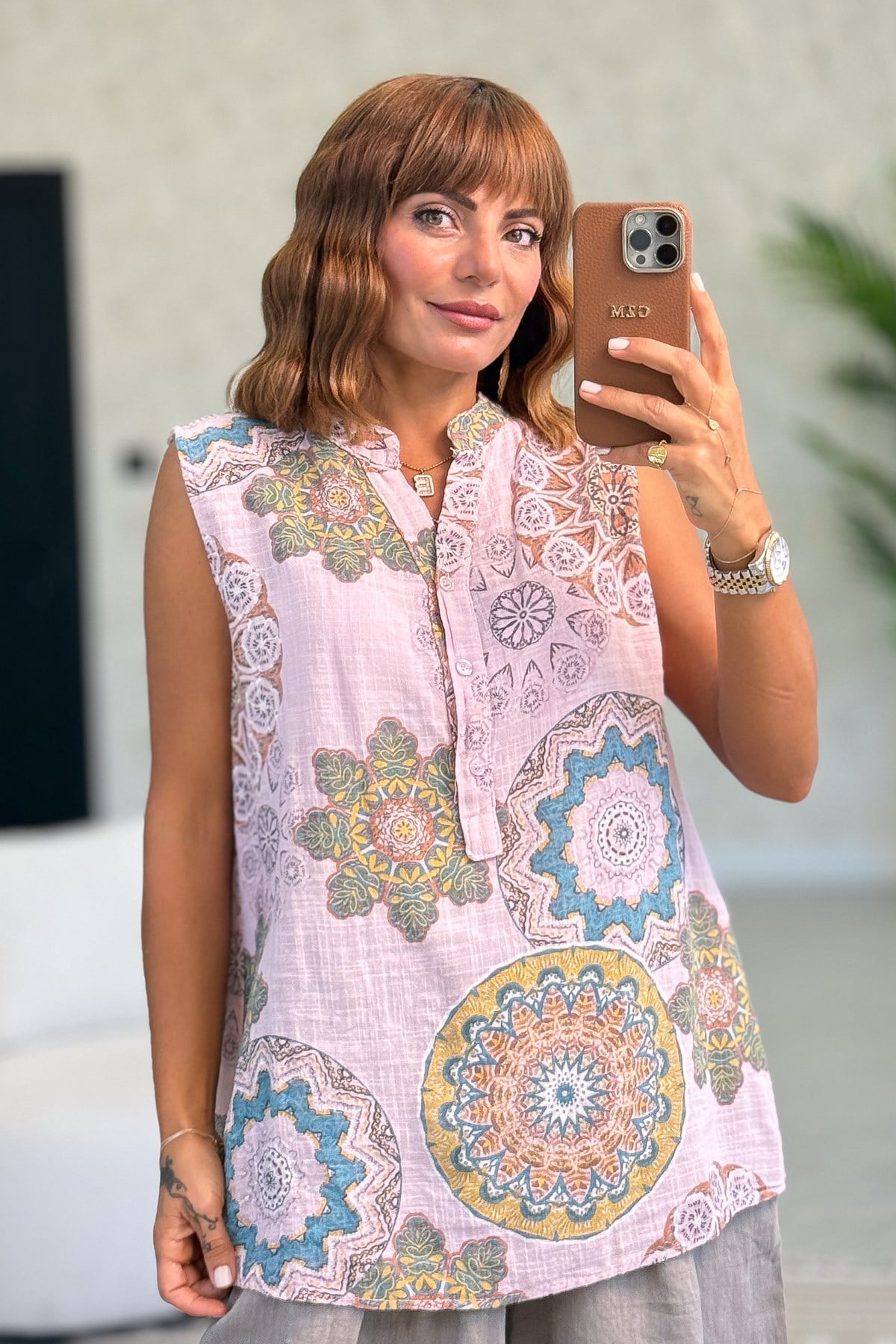 Mandala Desen Hakim Yaka 3 Düğmeli Pamuklu Gömlek Pudra RenkGÖMLEK