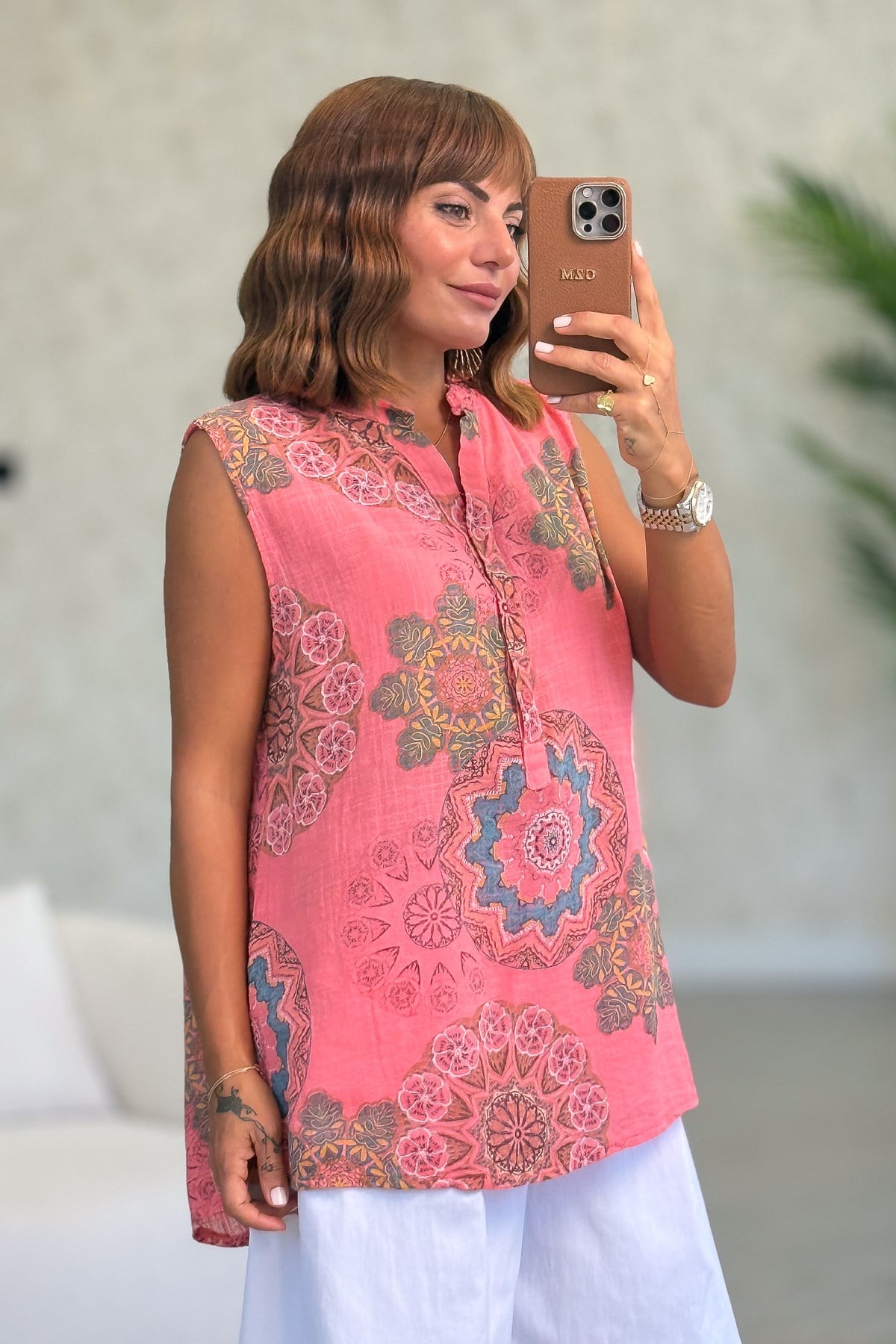 Mandala Desen Hakim Yaka 3 Düğmeli Pamuklu Gömlek Mercan RenkGÖMLEK
