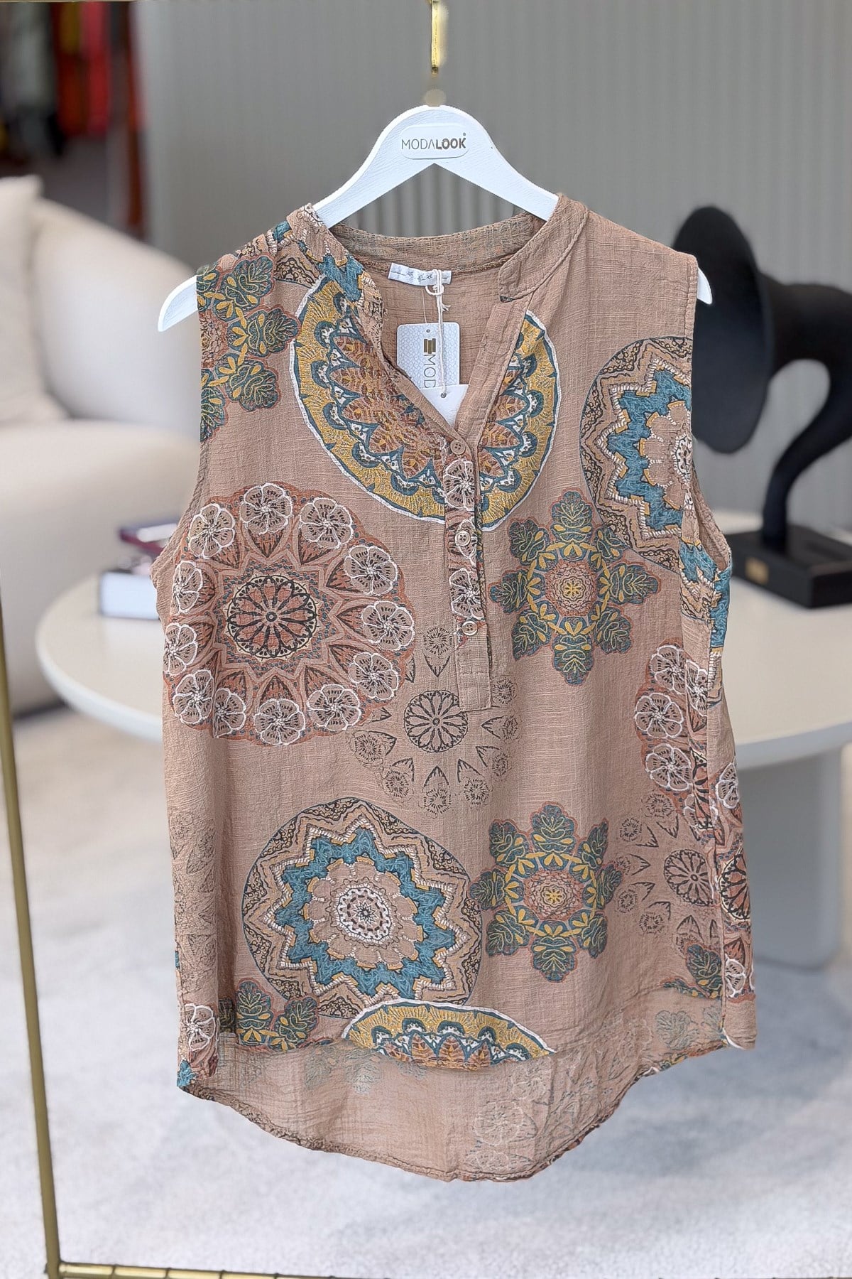 Mandala Desen Hakim Yaka 3 Düğmeli Pamuklu Gömlek Camel RenkGÖMLEK
