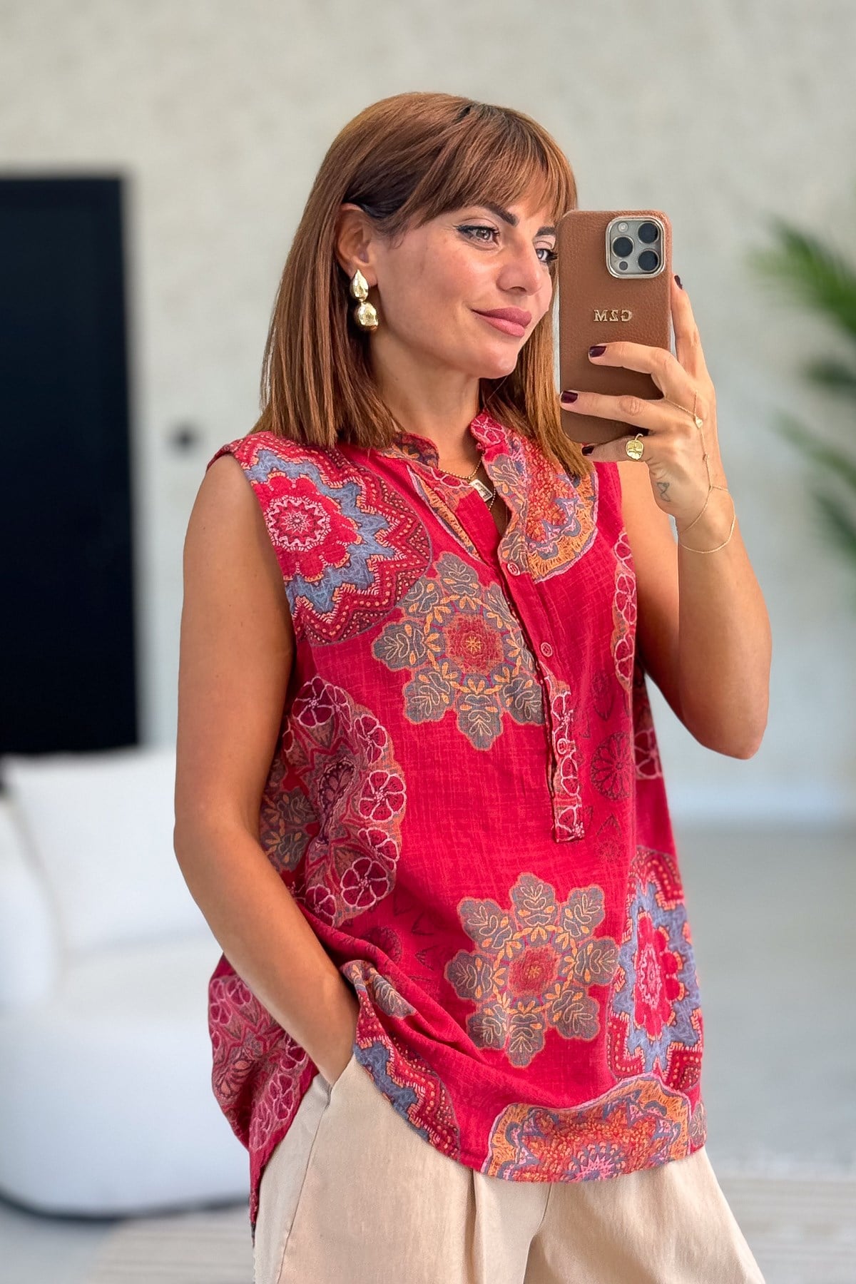 Mandala Desen Hakim Yaka 3 Düğmeli Pamuklu Gömlek Bordo RenkGÖMLEK