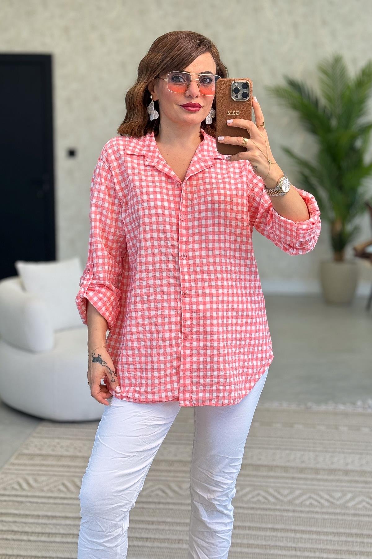 Mini Kare Desenli Pamuklu Gömlek Mercan RenkGÖMLEK