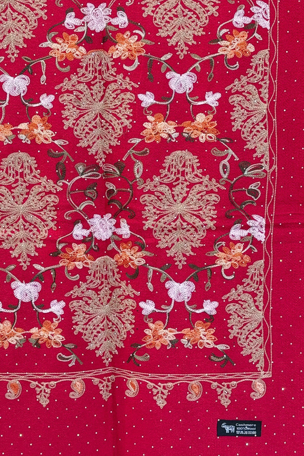 Motif Desen Nakış İşlemeli Taş Baskılı Kaşmir Şal Vişne RenkŞAL & FULAR