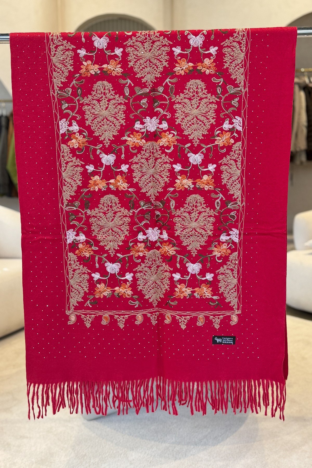 Motif Desen Nakış İşlemeli Taş Baskılı Kaşmir Şal Vişne RenkŞAL & FULAR