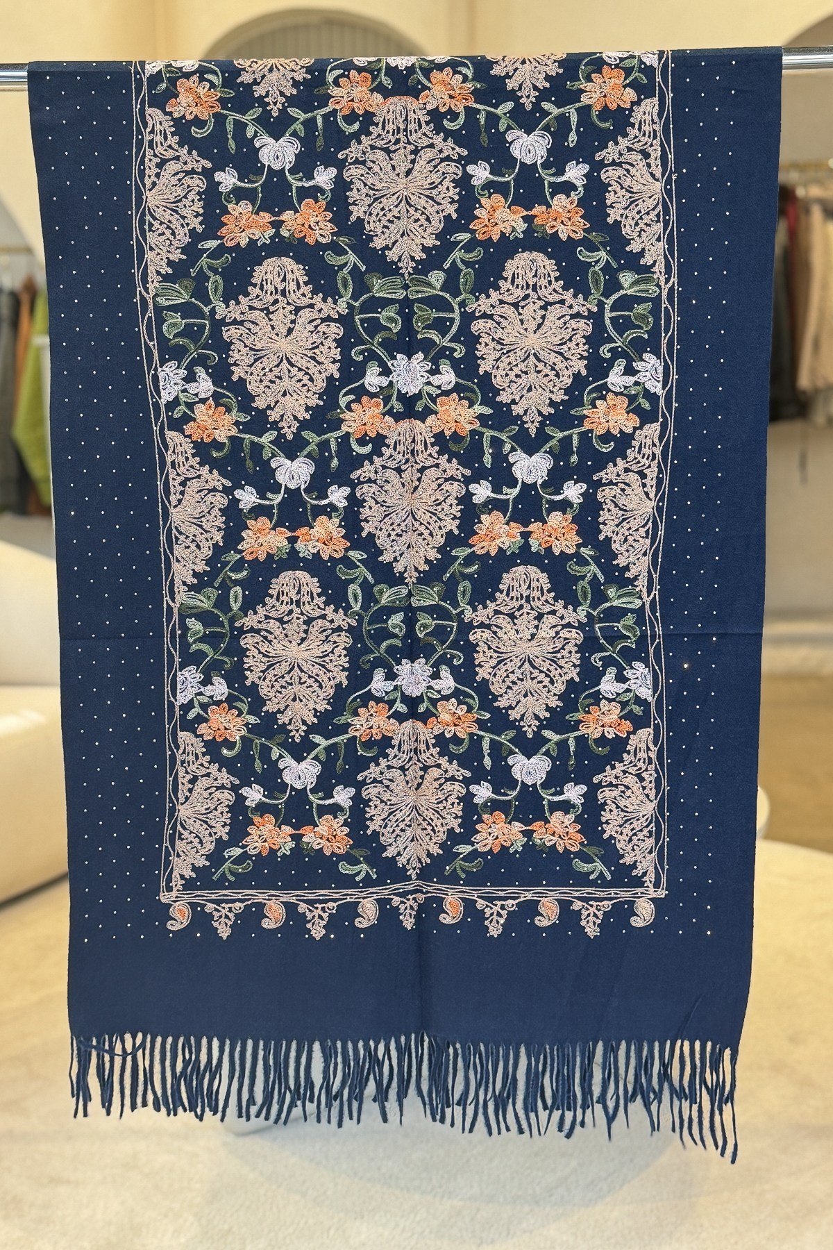 Motif Desen Nakış İşlemeli Taş Baskılı Kaşmir Şal Lacivert RenkŞAL & FULAR