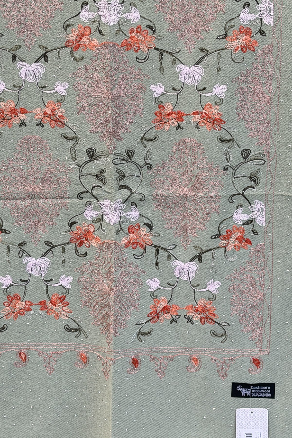 Motif Desen Nakış İşlemeli Taş Baskılı Kaşmir Şal Su Yeşili RenkŞAL & FULAR