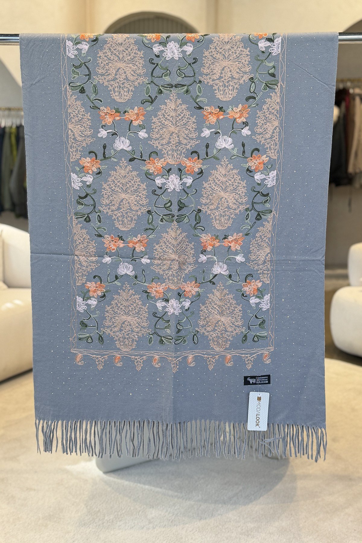 Motif Desen Nakış İşlemeli Taş Baskılı Kaşmir Şal Gri RenkŞAL & FULAR