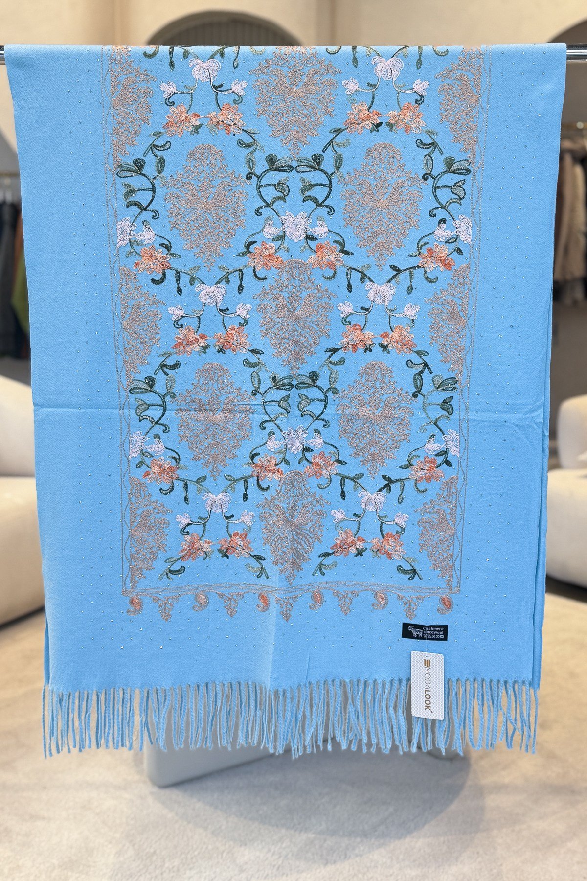 Motif Desen Nakış İşlemeli Taş Baskılı Kaşmir Şal Bebe Mavi RenkŞAL & FULAR