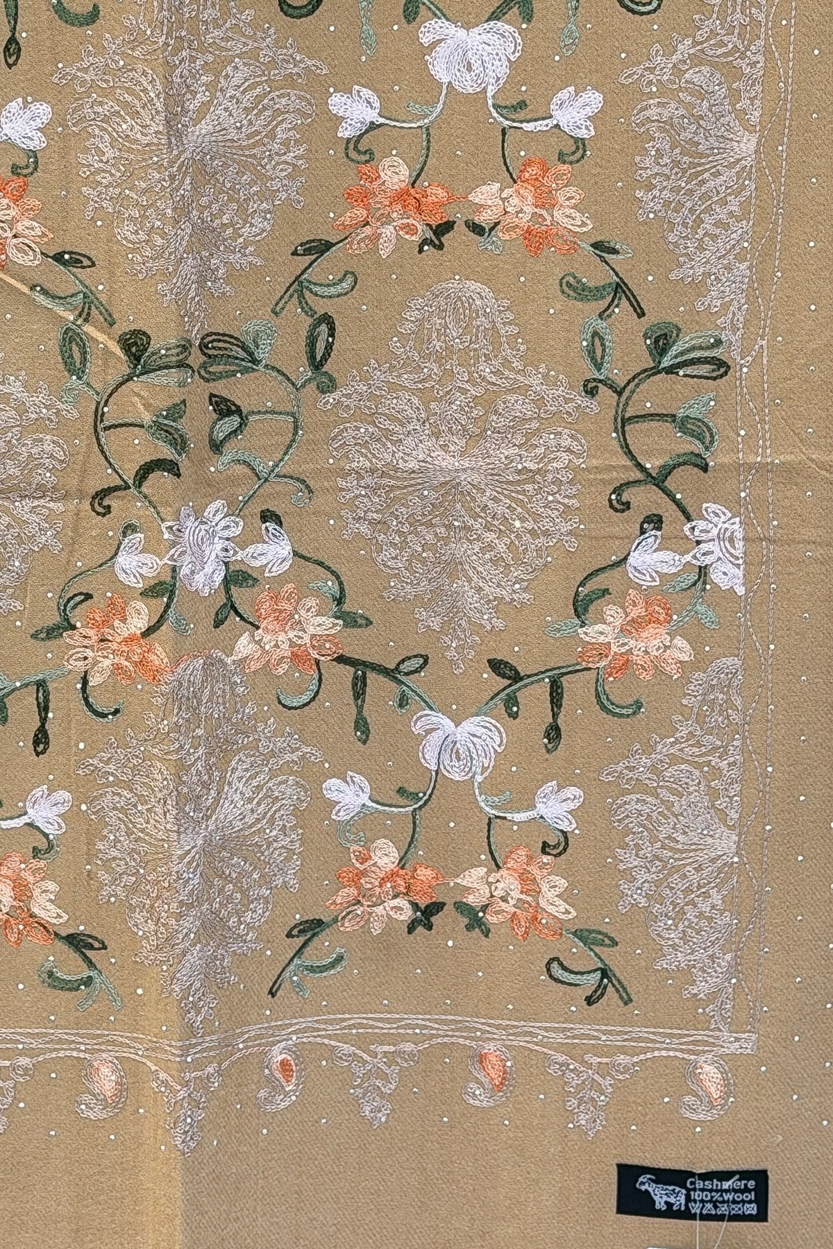 Motif Desen Nakış İşlemeli Taş Baskılı Kaşmir Şal Camel RenkŞAL & FULAR