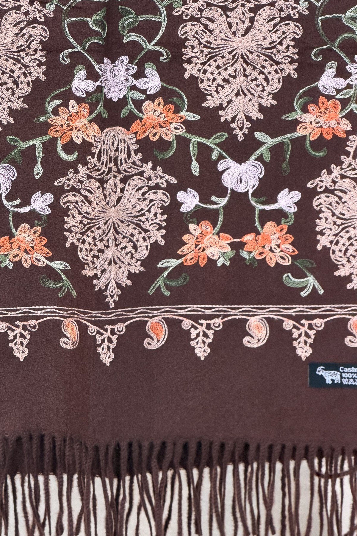 Motif Nakış İşlemeli Kaşmir Şal Acı Kahve RenkŞAL & FULAR