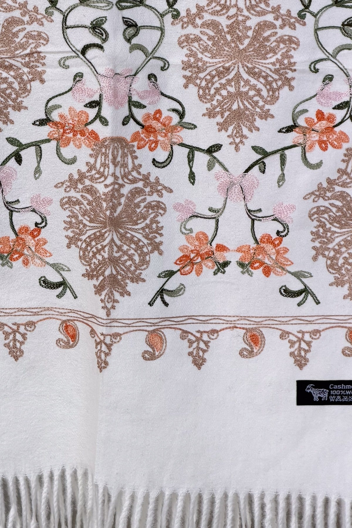 Motif Nakış İşlemeli Kaşmir Şal Beyaz RenkŞAL & FULAR
