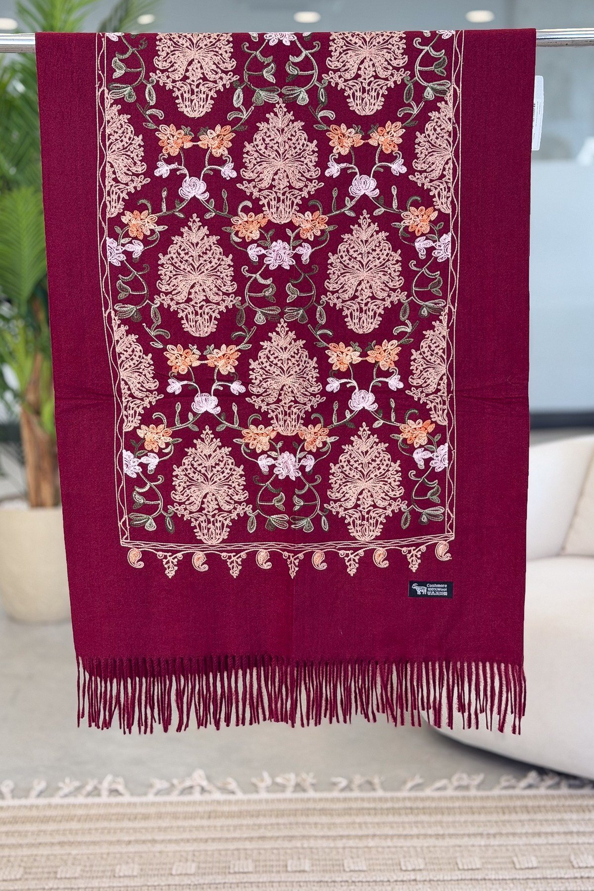 Motif Nakış İşlemeli Kaşmir Şal Bordo RenkŞAL & FULAR