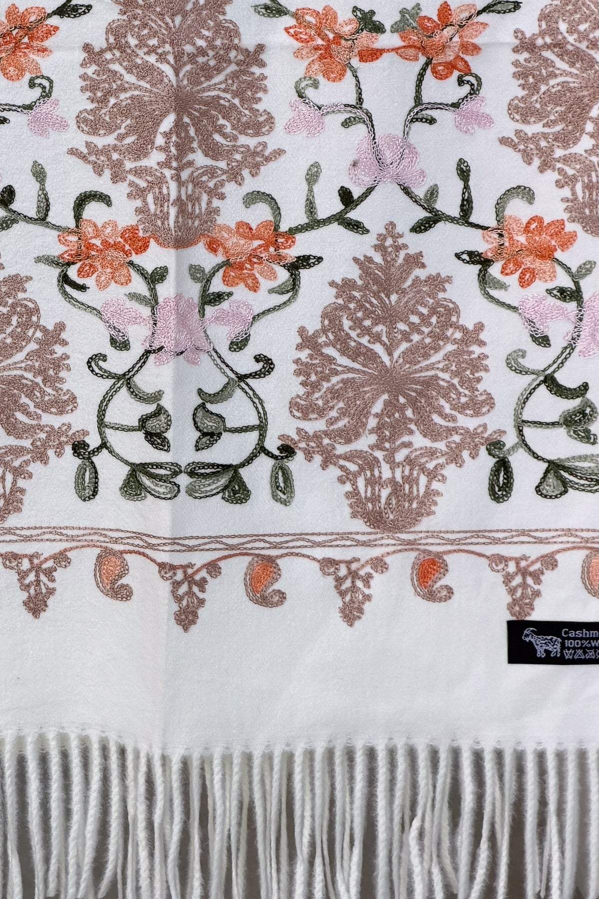 Motif Nakış İşlemeli Kaşmir Şal Krem RenkŞAL & FULAR