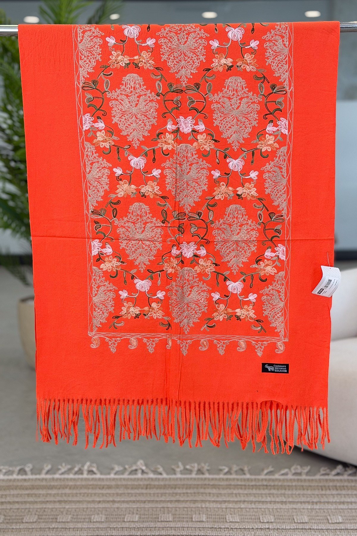 Motif Nakış İşlemeli Kaşmir Şal Turuncu RenkŞAL & FULAR