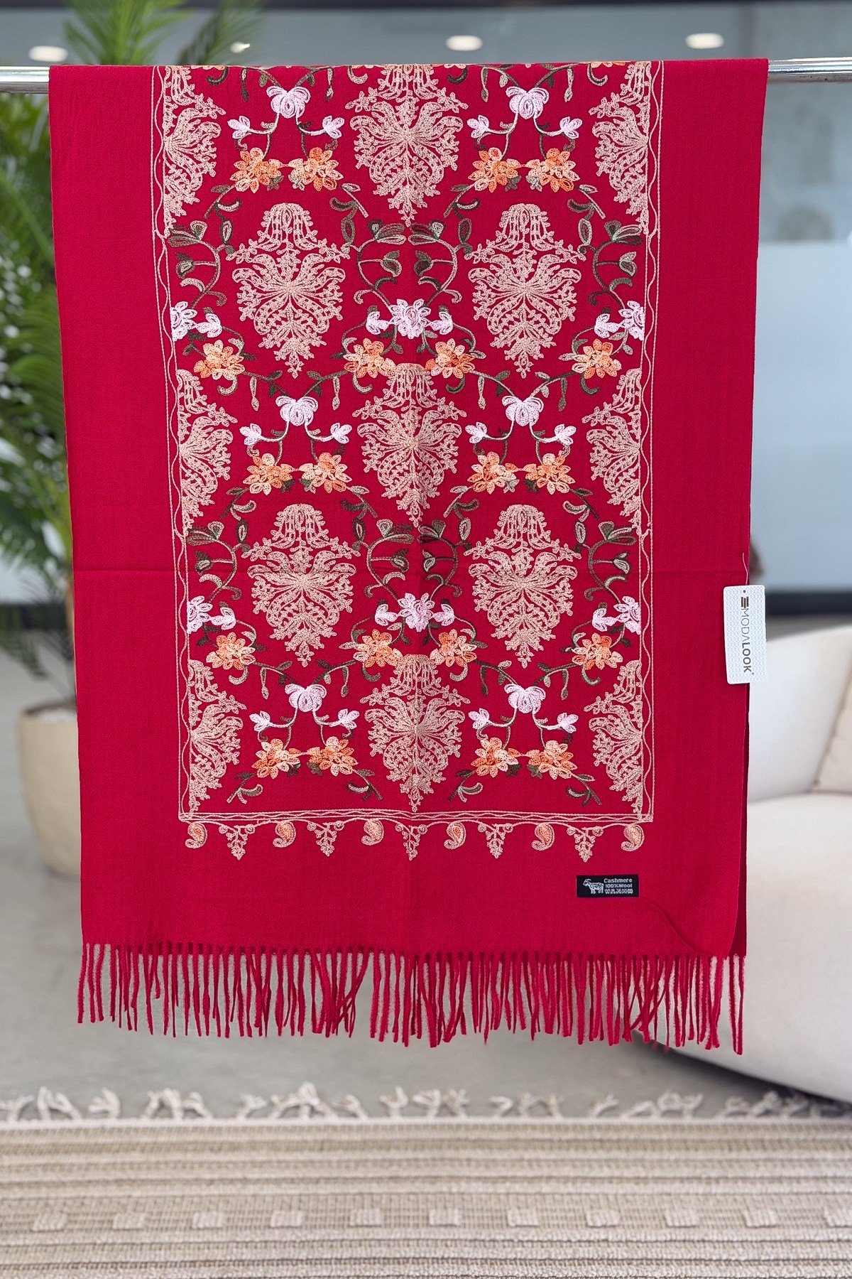Motif Nakış İşlemeli Kaşmir Şal Vişne RenkŞAL & FULAR