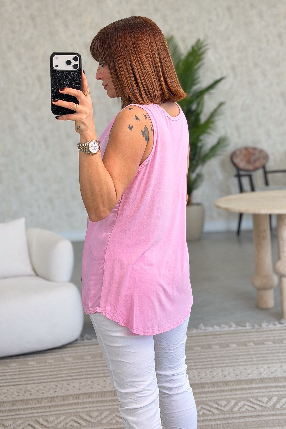 Önü Saten Arkası Penye V Yaka Kolsuz Bluz Pembe RenkBLUZ