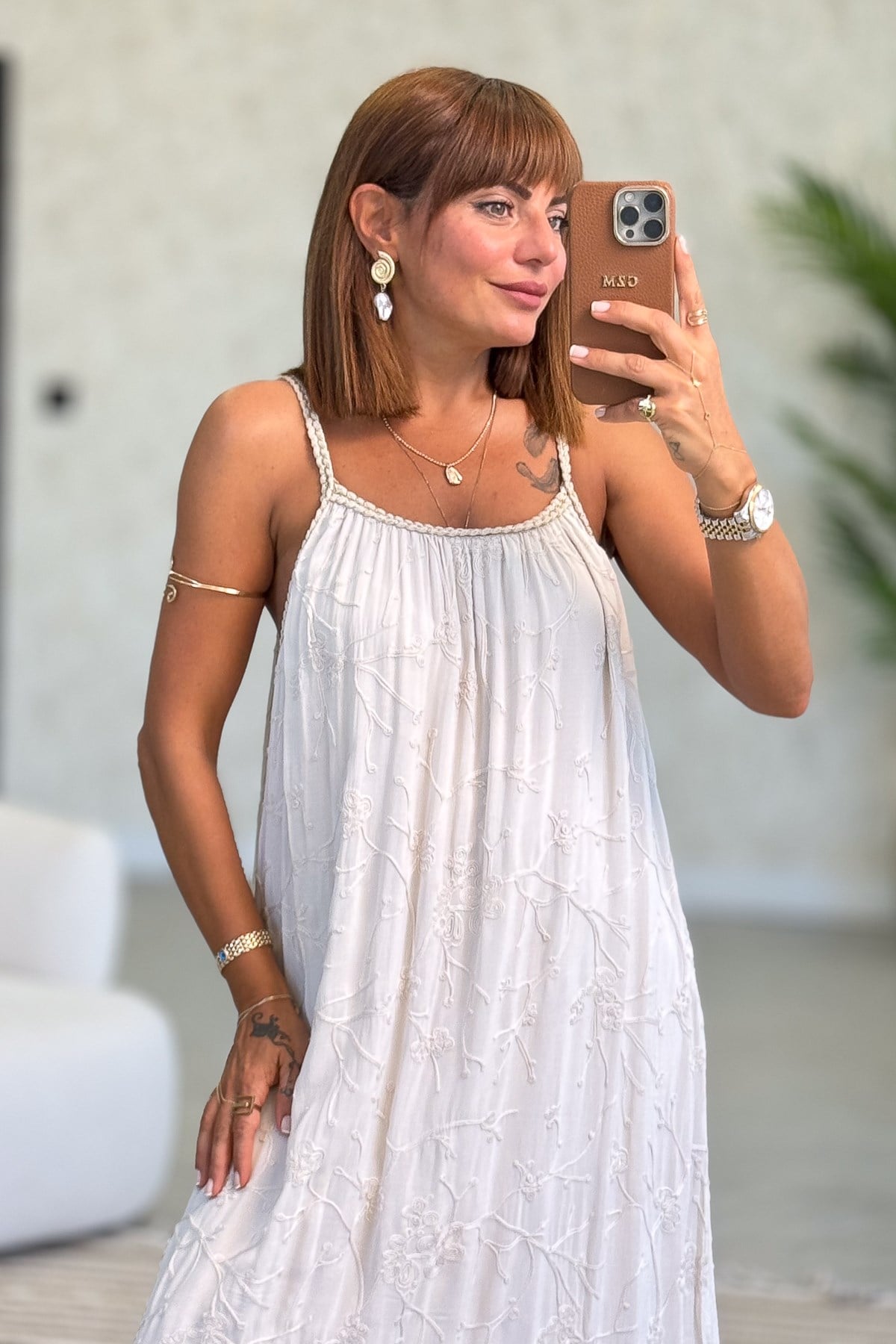 Örgü Askılı Nakışlı Pamuklu Elbise Bej RenkELBİSE