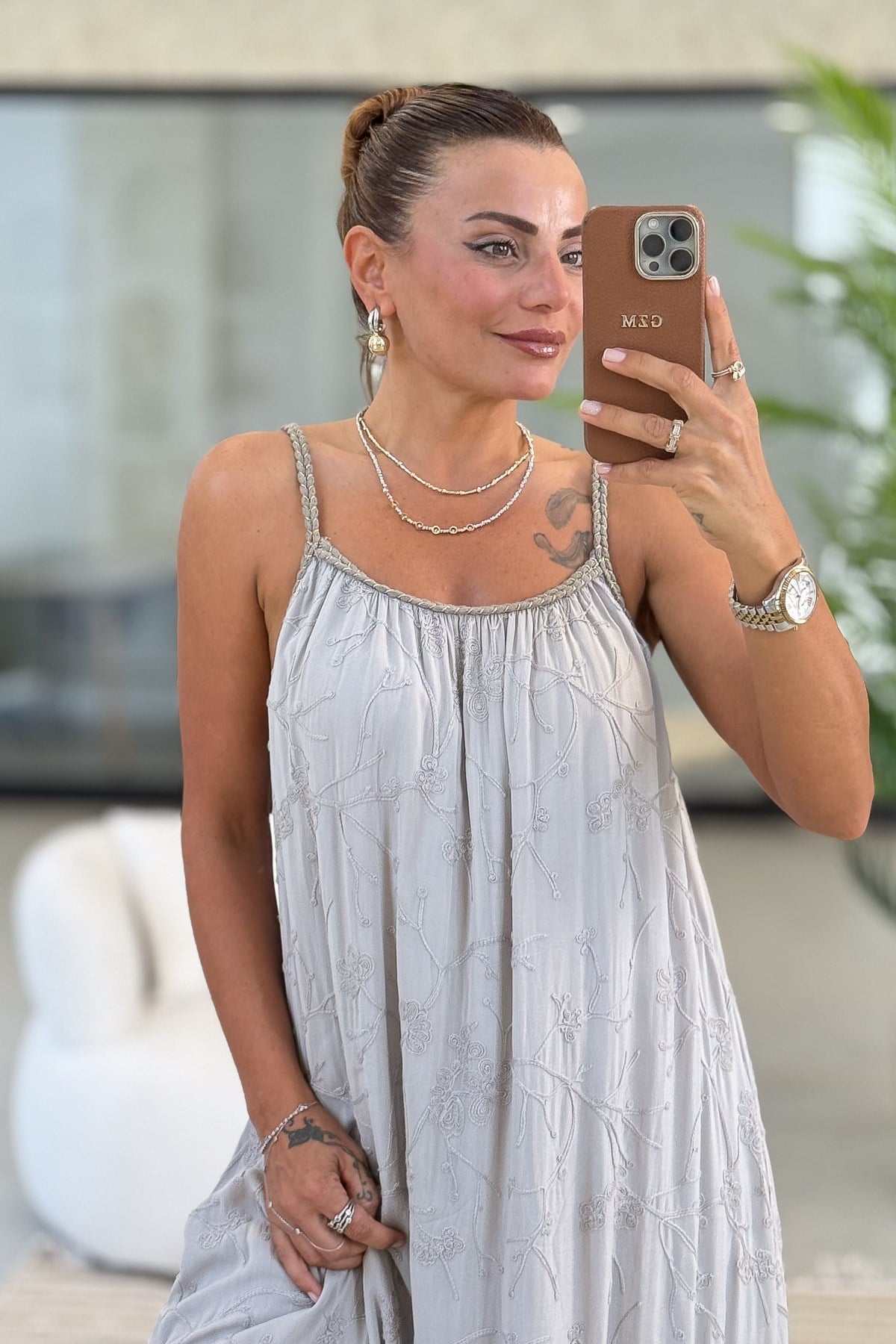 Örgü Askılı Nakışlı Pamuklu Elbise Vizon RenkELBİSE