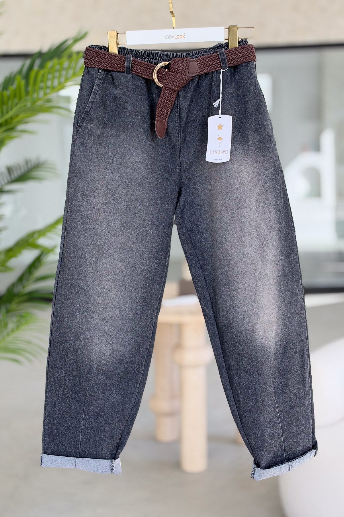 Örgü Kemerli Havuç Paça Kot Pantolon Füme RenkPANTOLON