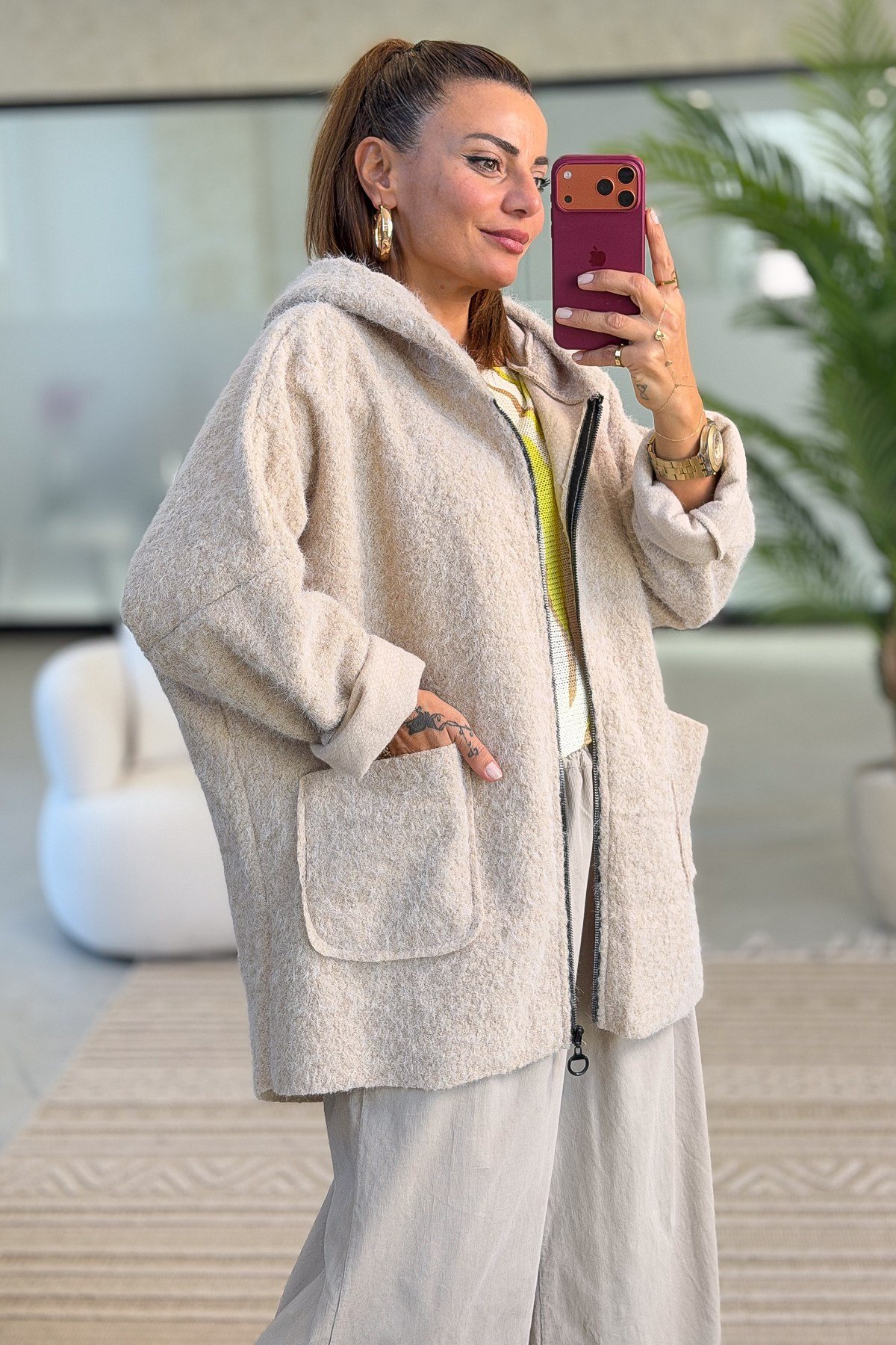 Oversize Kalıp Keçe Kaban Bej RenkMONT & KABAN