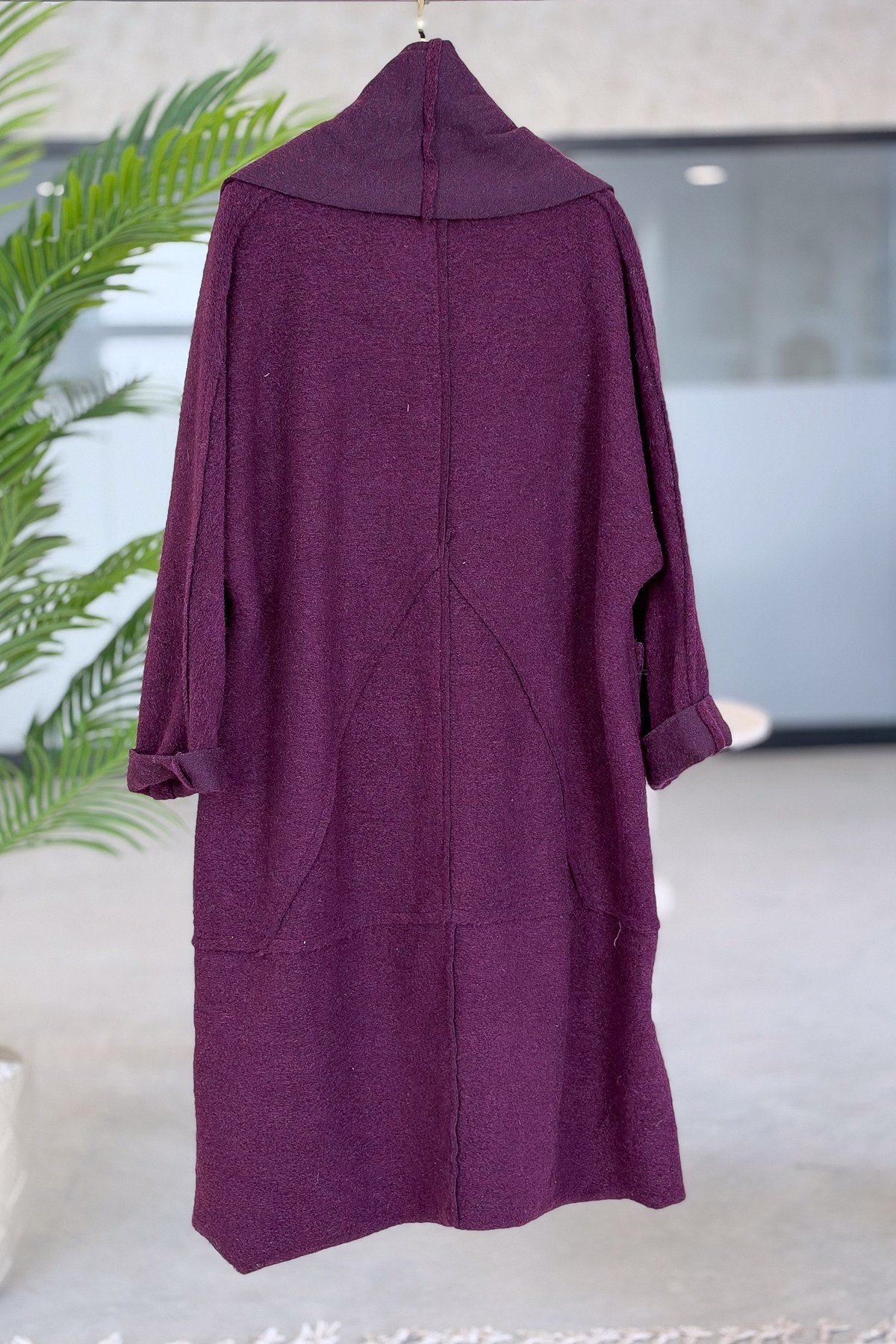 Oversize Kalıp Önden Bağlamalı Uzun Boy Keçe Kaban Bordo RenkMONT & KABAN