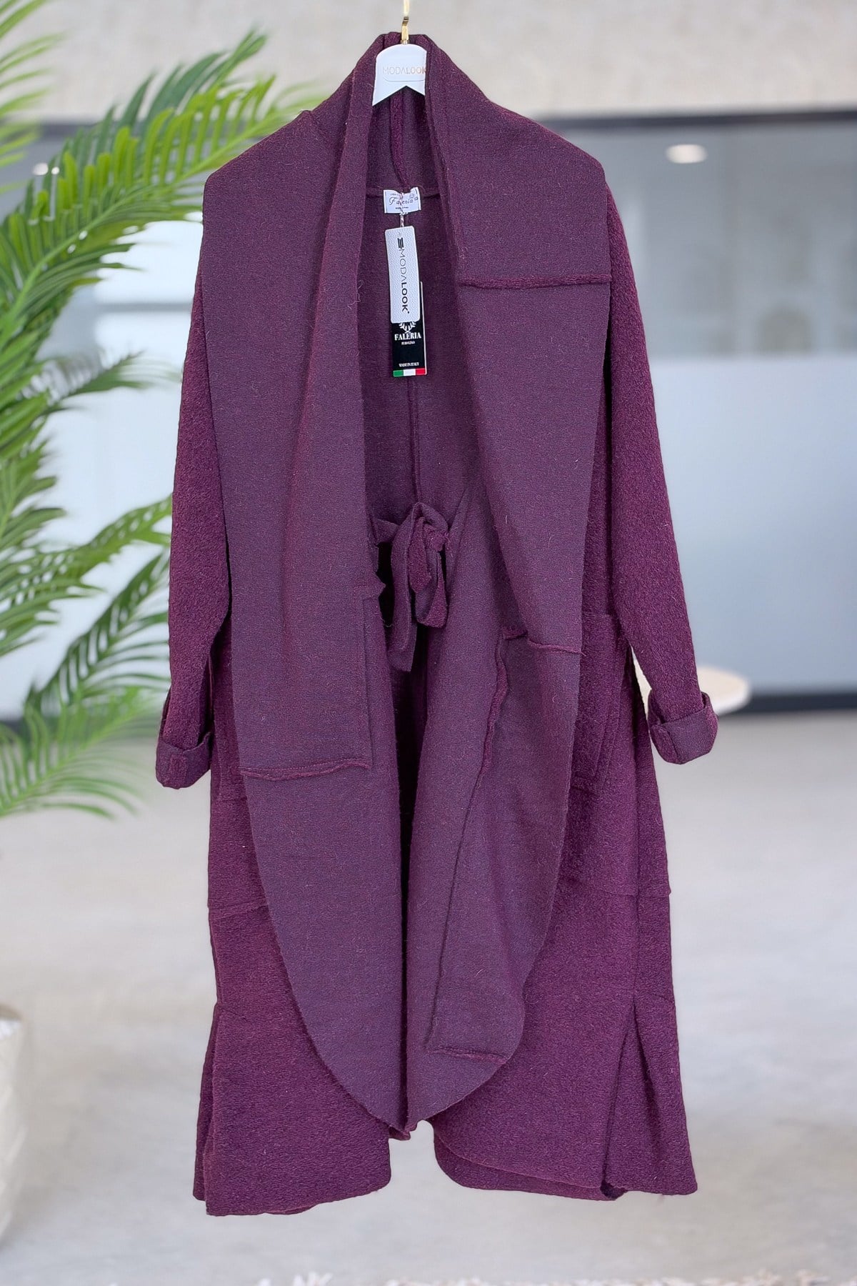 Oversize Kalıp Önden Bağlamalı Uzun Boy Keçe Kaban Bordo RenkMONT & KABAN