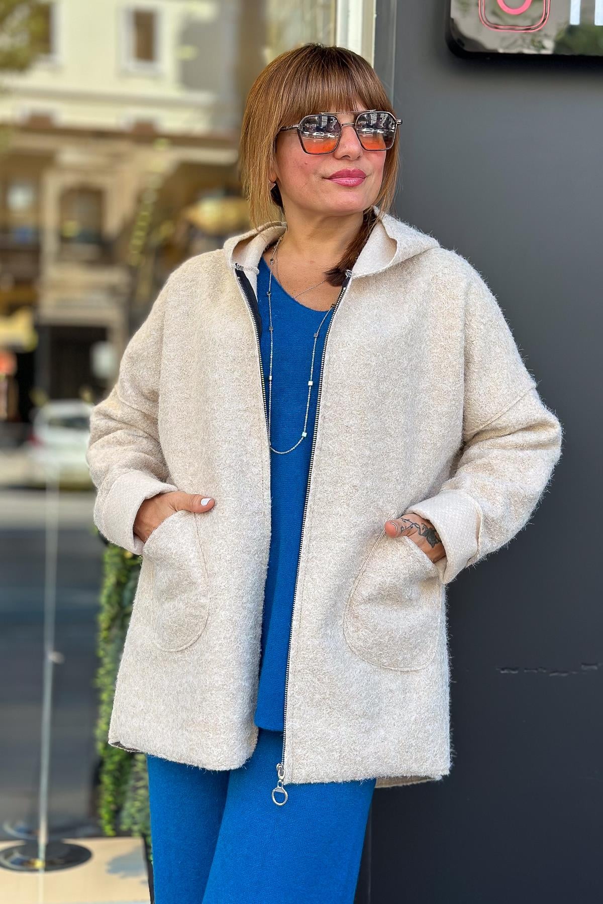 Oversize Keçe Kaban Bej RenkMONT & KABAN