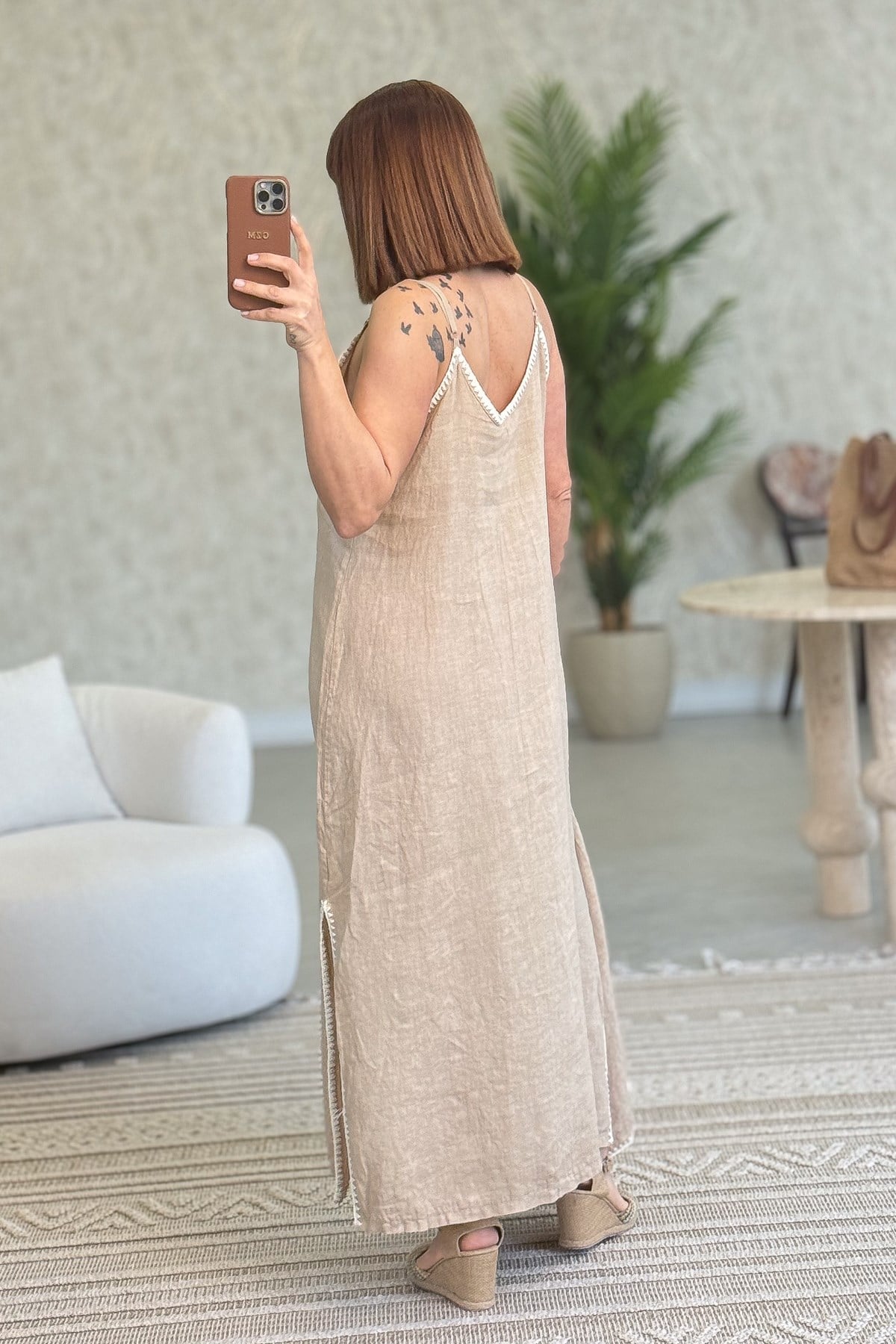 Oya Detaylı Keten Elbise Camel RenkELBİSE