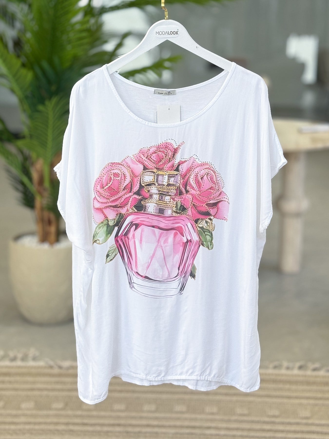 Parfüm Ve Gül Desenli Viskon Tshirt Pembe RenkBLUZ