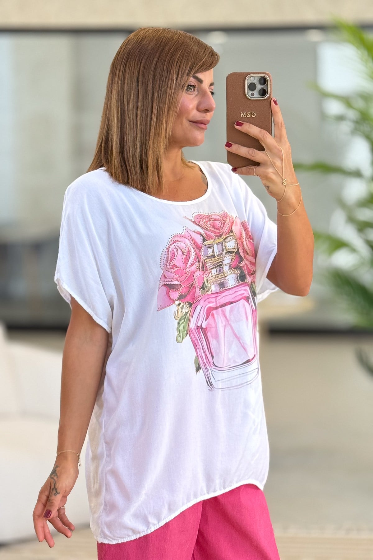 Parfüm Ve Gül Desenli Viskon Tshirt Pembe RenkBLUZ