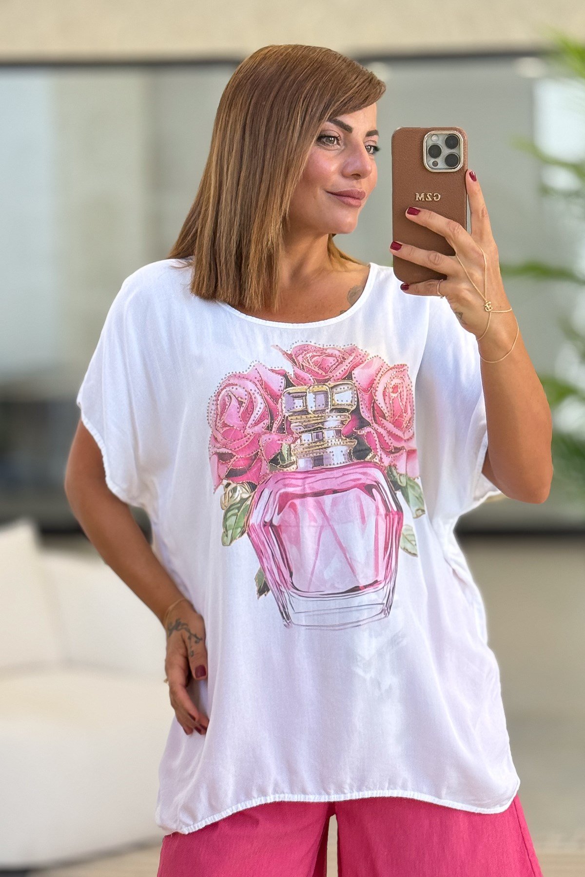 Parfüm Ve Gül Desenli Viskon Tshirt Pembe RenkBLUZ