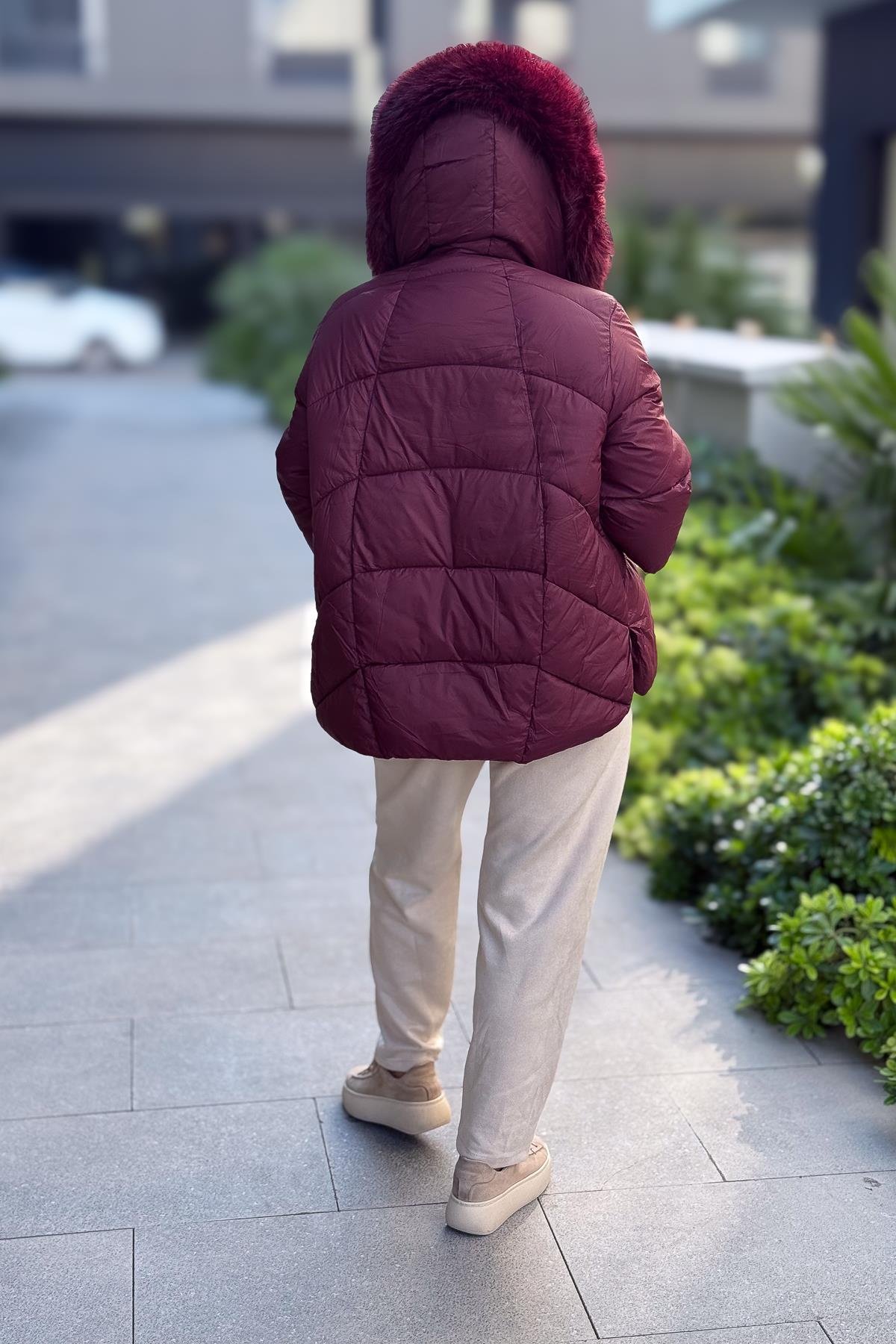 Premium Büyük Kürklü Mont Bordo RenkMONT & KABAN