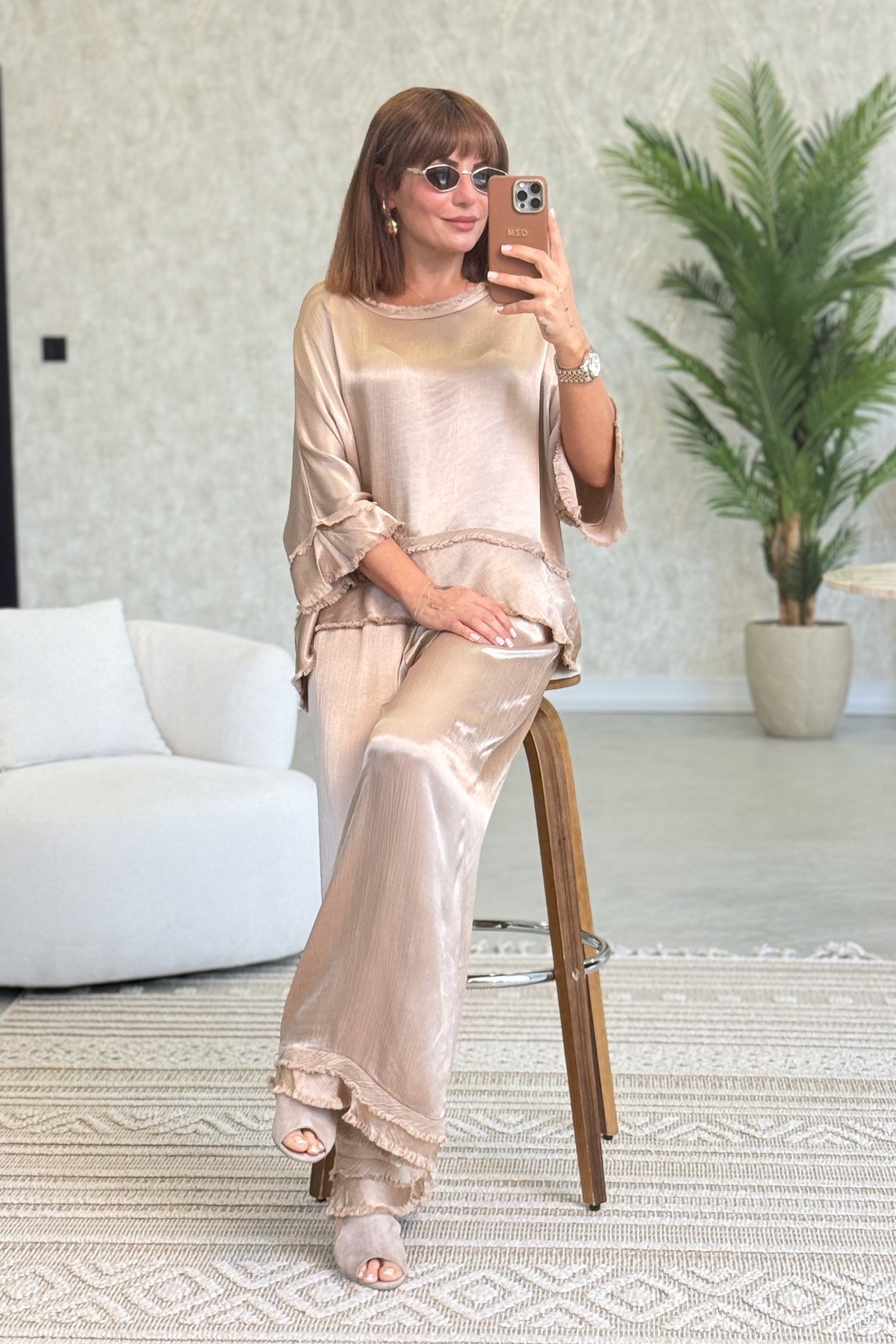 Püskül Detaylı Alt Üst Saten Takım Camel RenkALT ÜST TAKIM