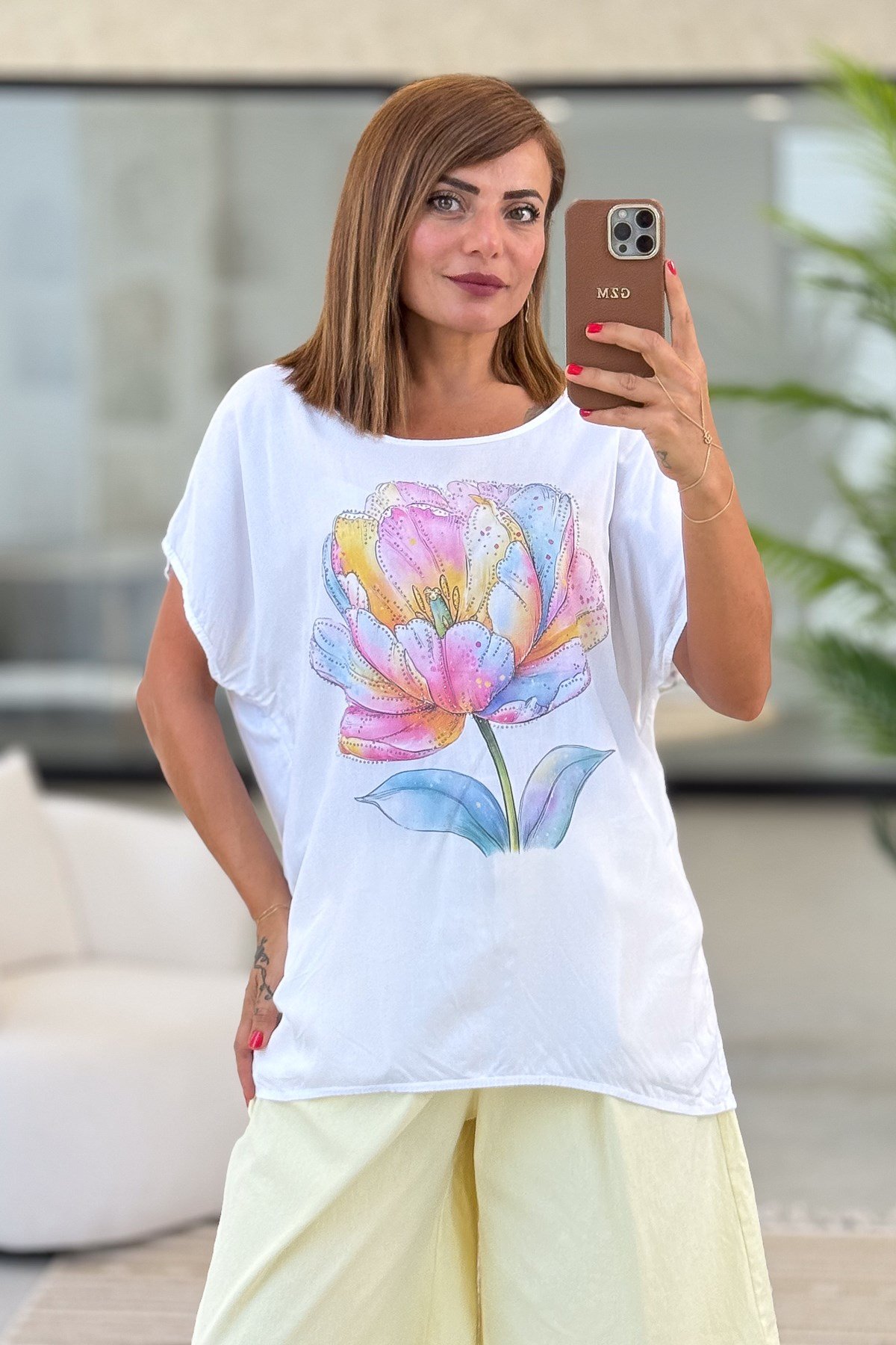 Renkli Gül Desenli Viskon Tshirt Pembe RenkBLUZ