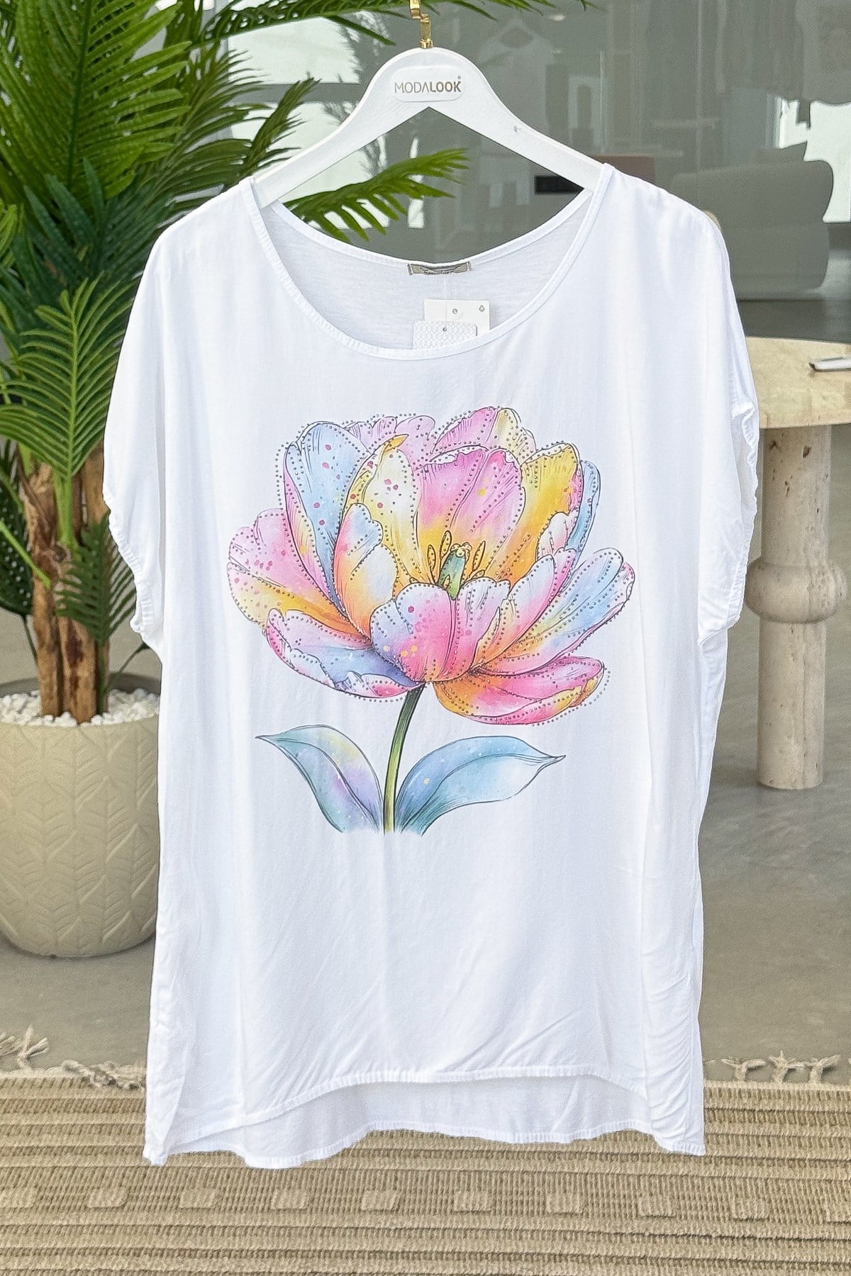 Renkli Gül Desenli Viskon Tshirt Pembe RenkBLUZ