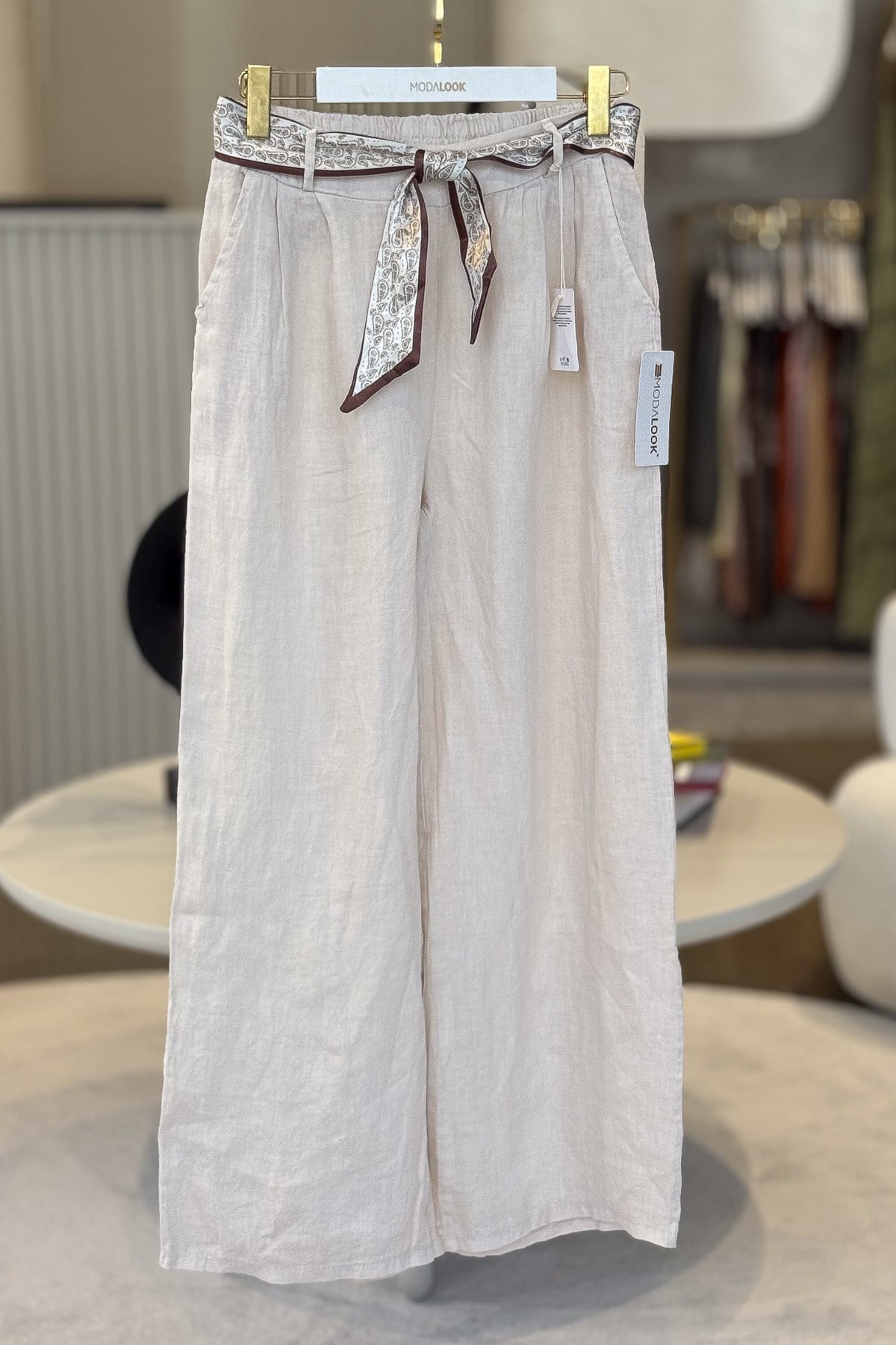 Şal Kemerli Bol Paça Keten Pantolon Bej RenkPANTOLON