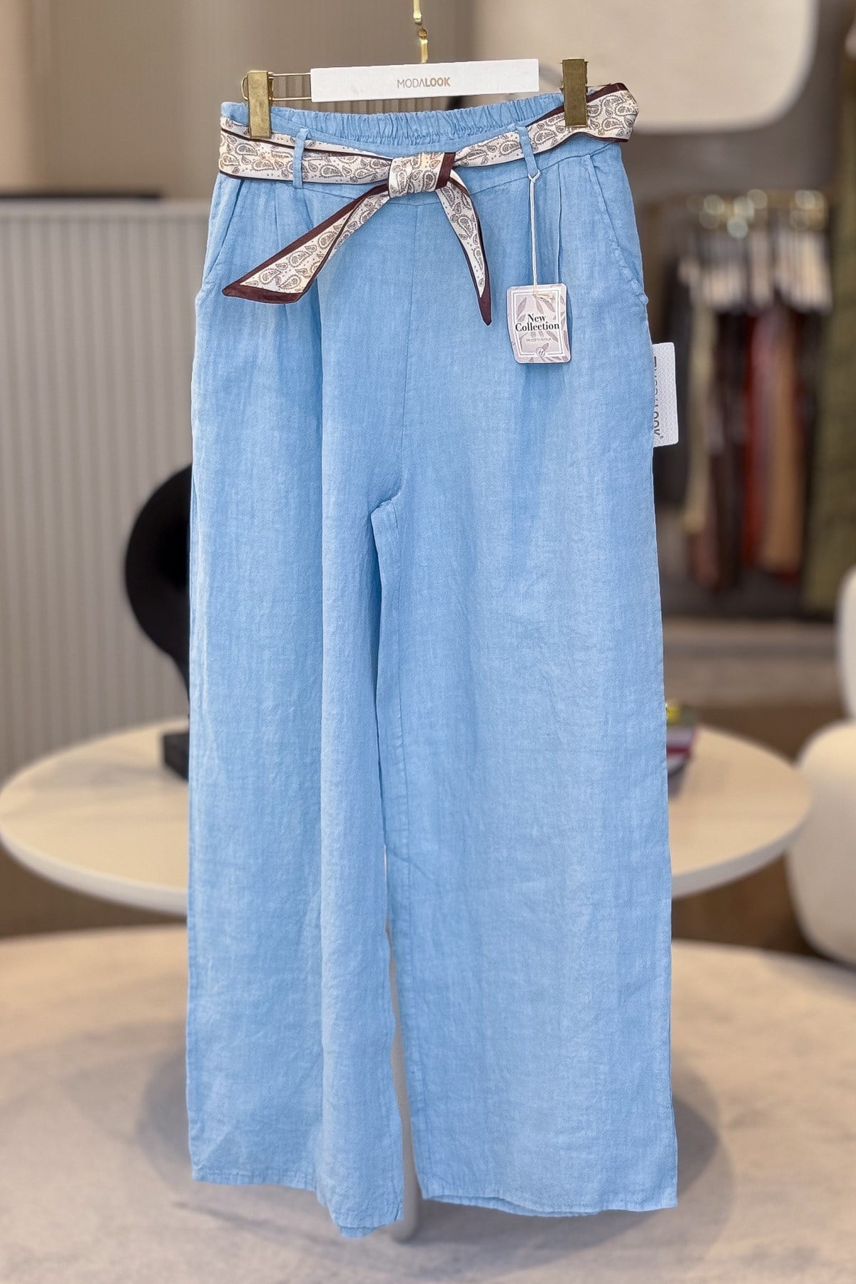Şal Kemerli Bol Paça Keten Pantolon Bebe Mavi RenkPANTOLON