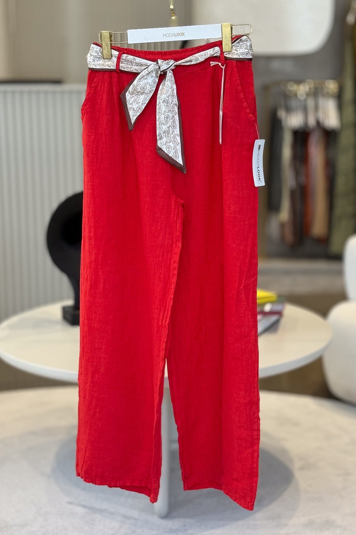 Şal Kemerli Bol Paça Keten Pantolon Kırmızı RenkPANTOLON
