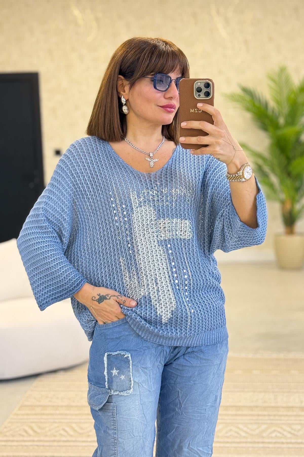 Silver Baskı Ve Taşlı Örme Bluz İndigo RenkBLUZ