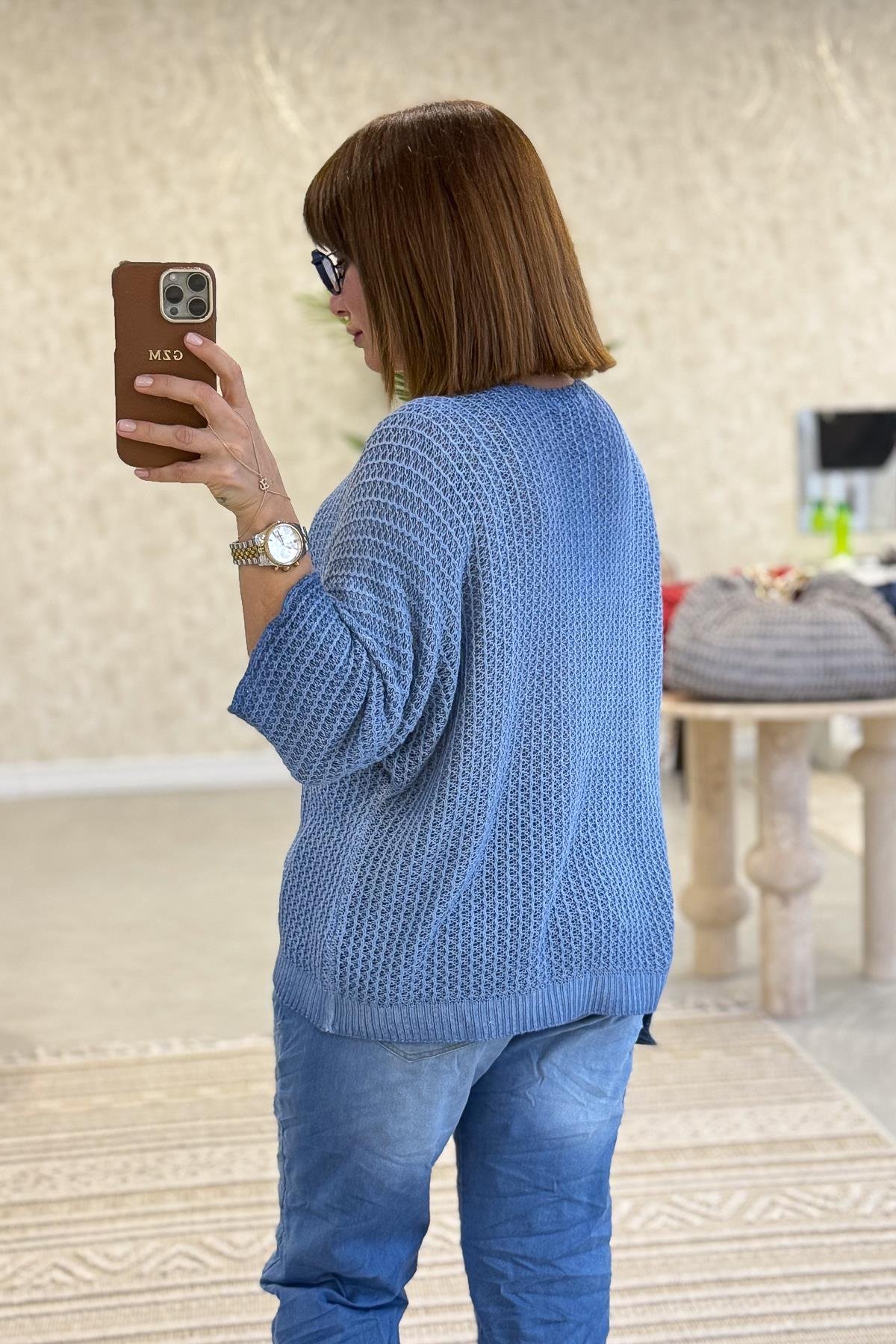Silver Baskı Ve Taşlı Örme Bluz İndigo RenkBLUZ