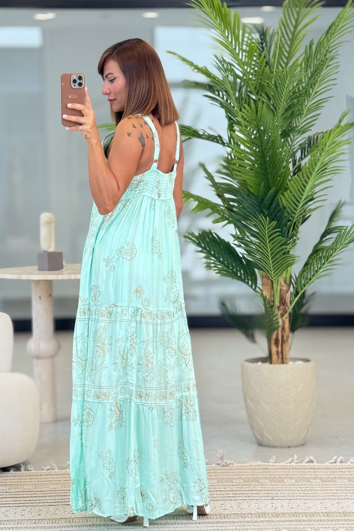 Sim İpli Çiçek Nakışlı Askılı Elbise Mint RenkELBİSE
