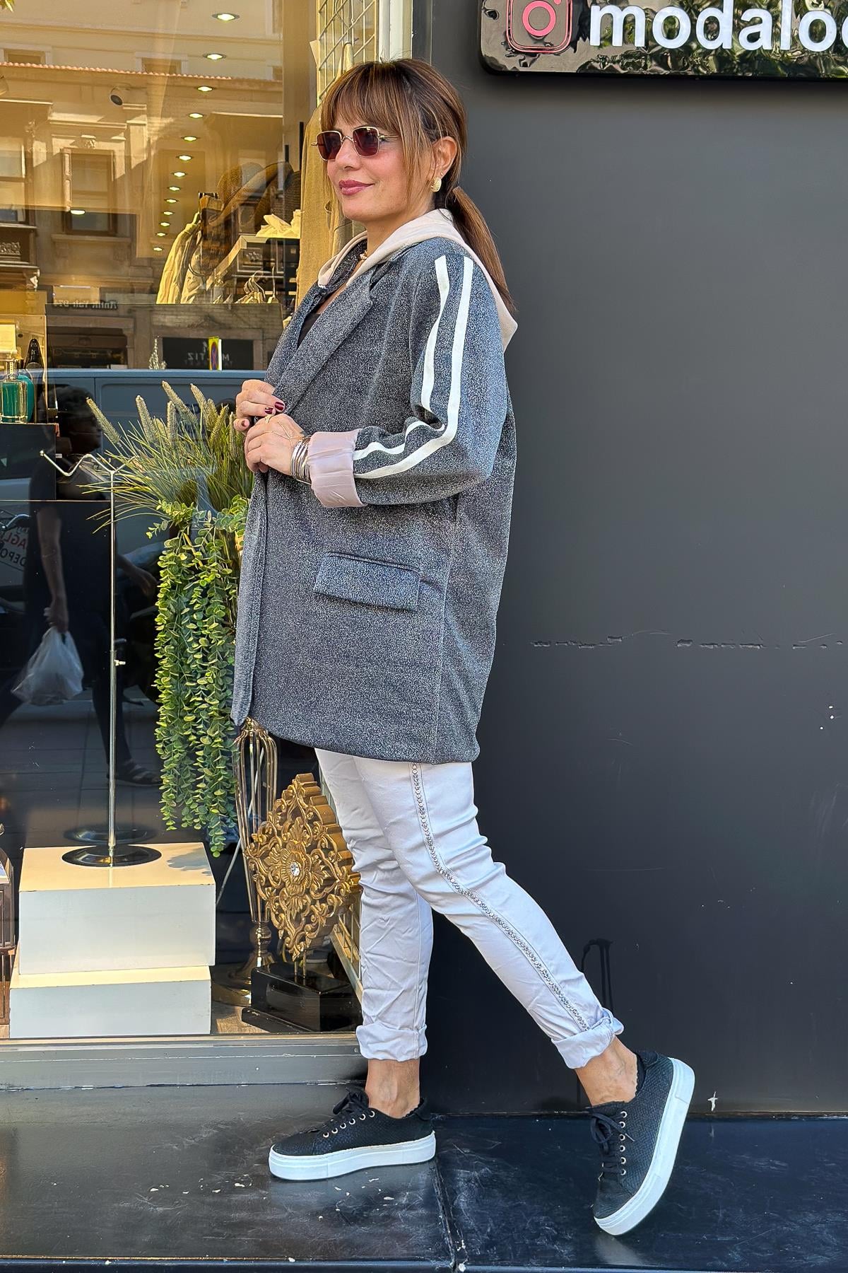 Simli Kapüşonlu Blazer Ceket Antresit RenkCEKET