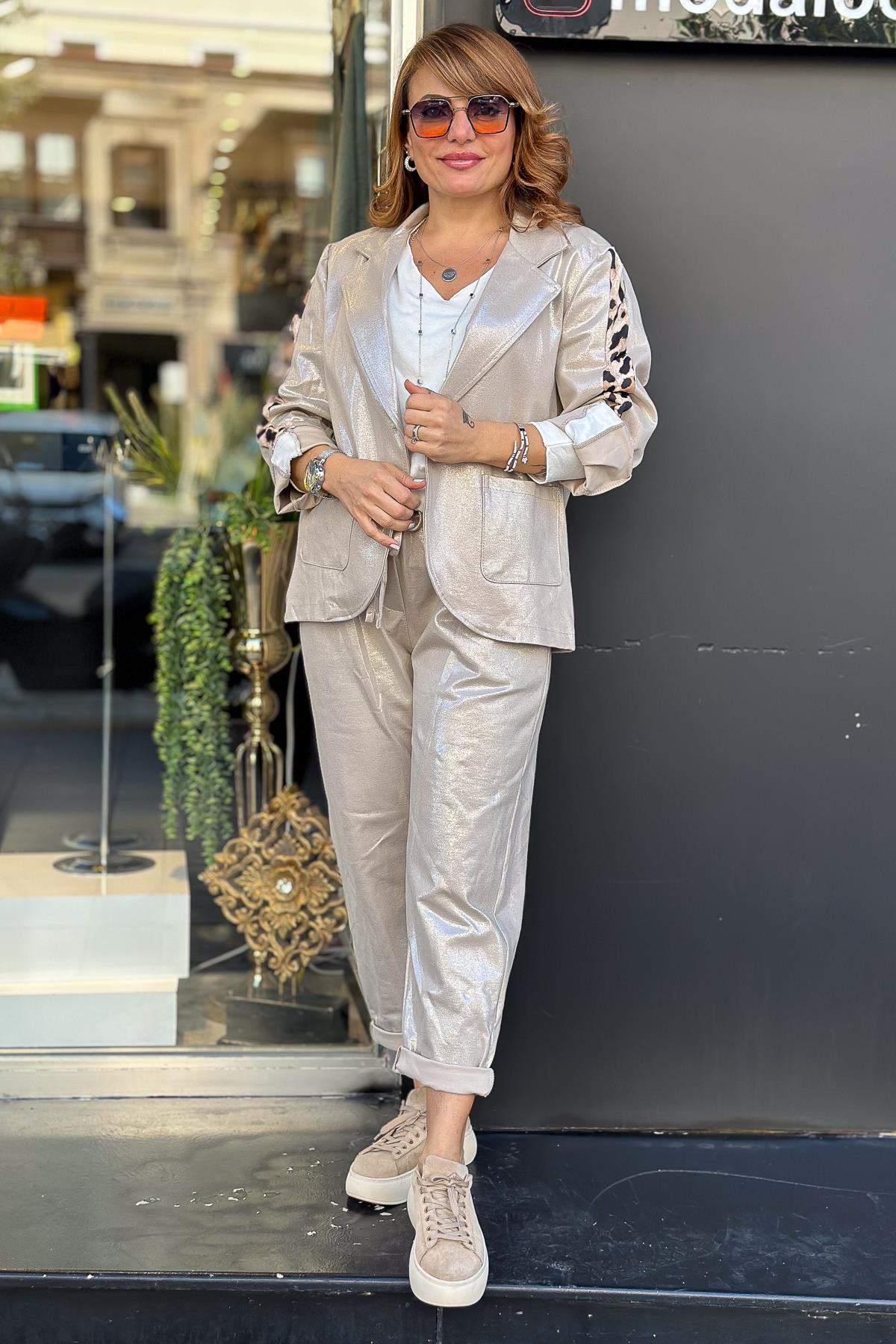 Simli Kumaş Leopar Şeritli Bej Zeminli Blazer Gümüş RenkCEKET