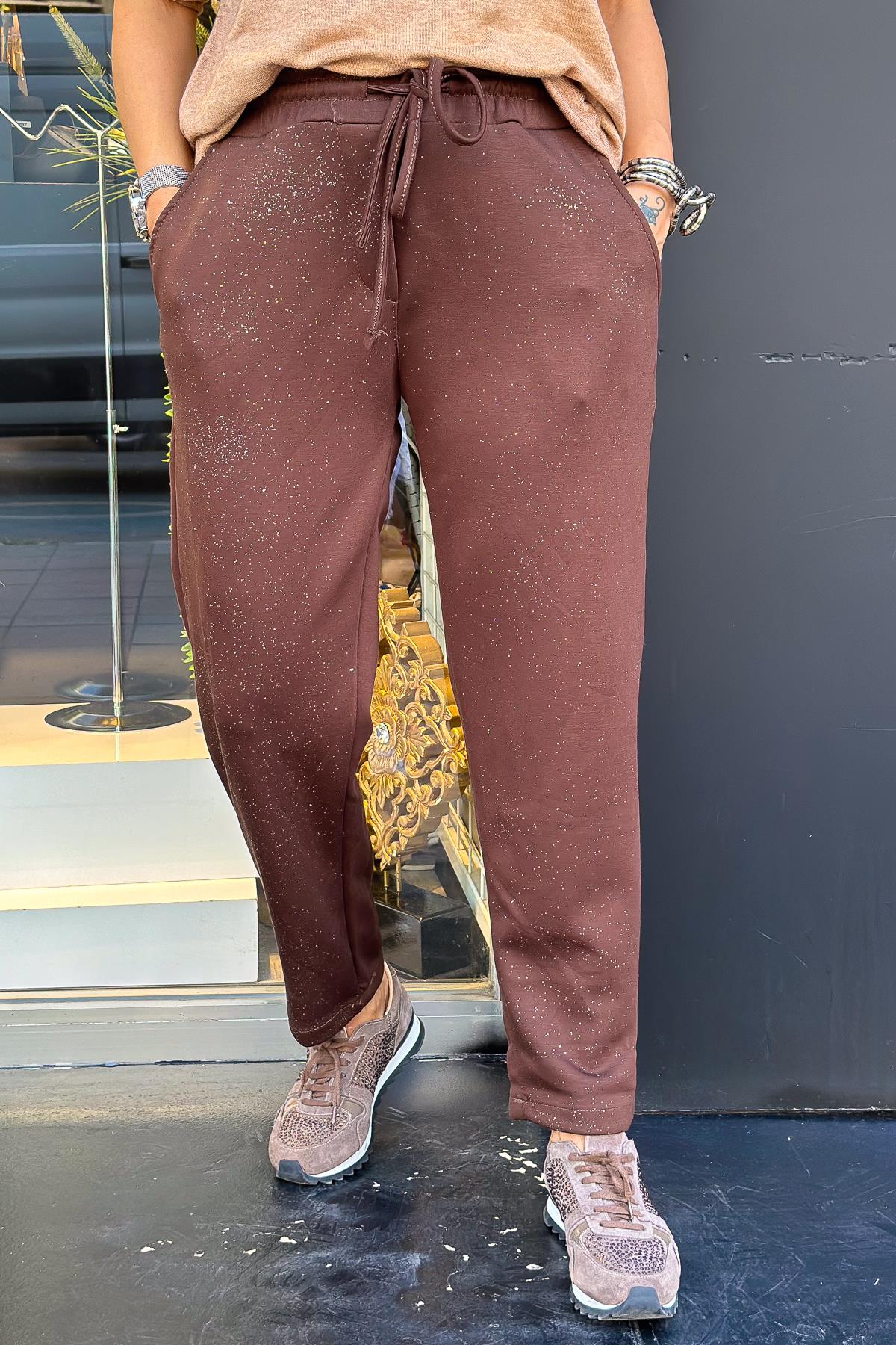 Simli Modal Kumaş Eşorfman Kahverengi RenkPANTOLON