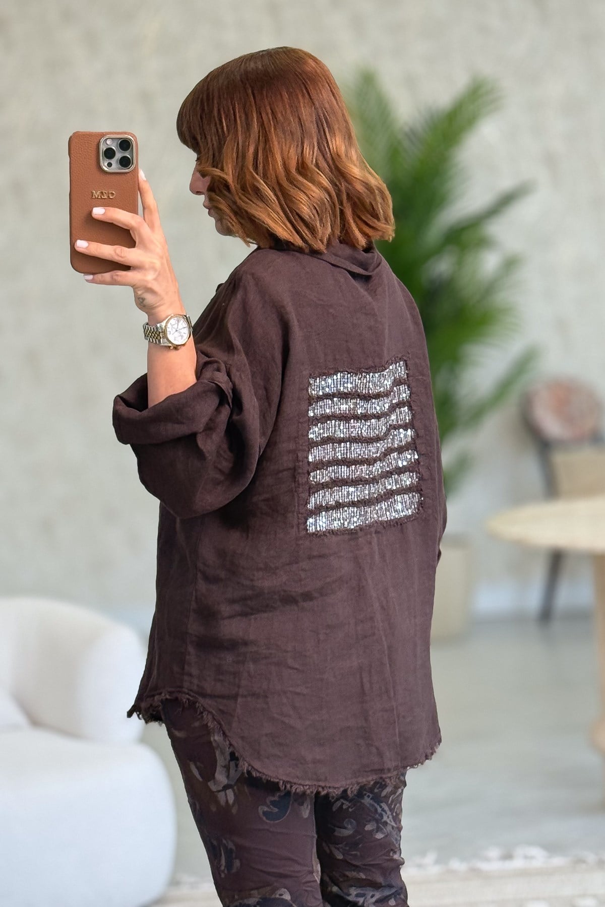 Sırtı Şerit Pullu Çift Cep Görünümlü Keten Gömlek Acı Kahve RenkGÖMLEK